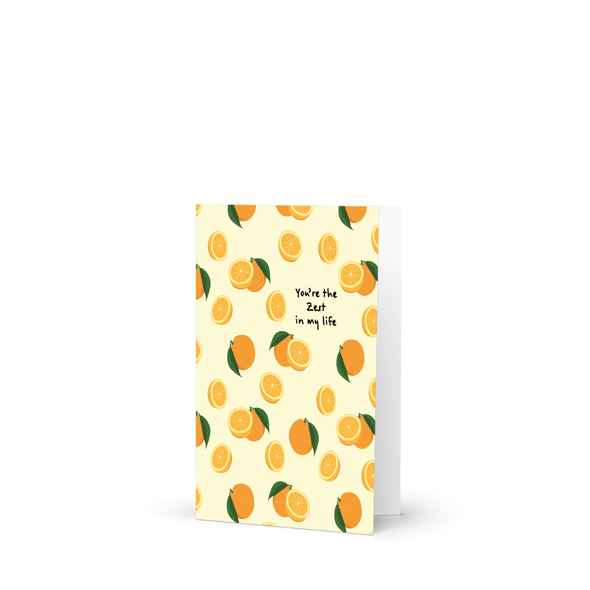 asian Greeting card with orange pattern and text 'You're the zest in my life' on a beige background.