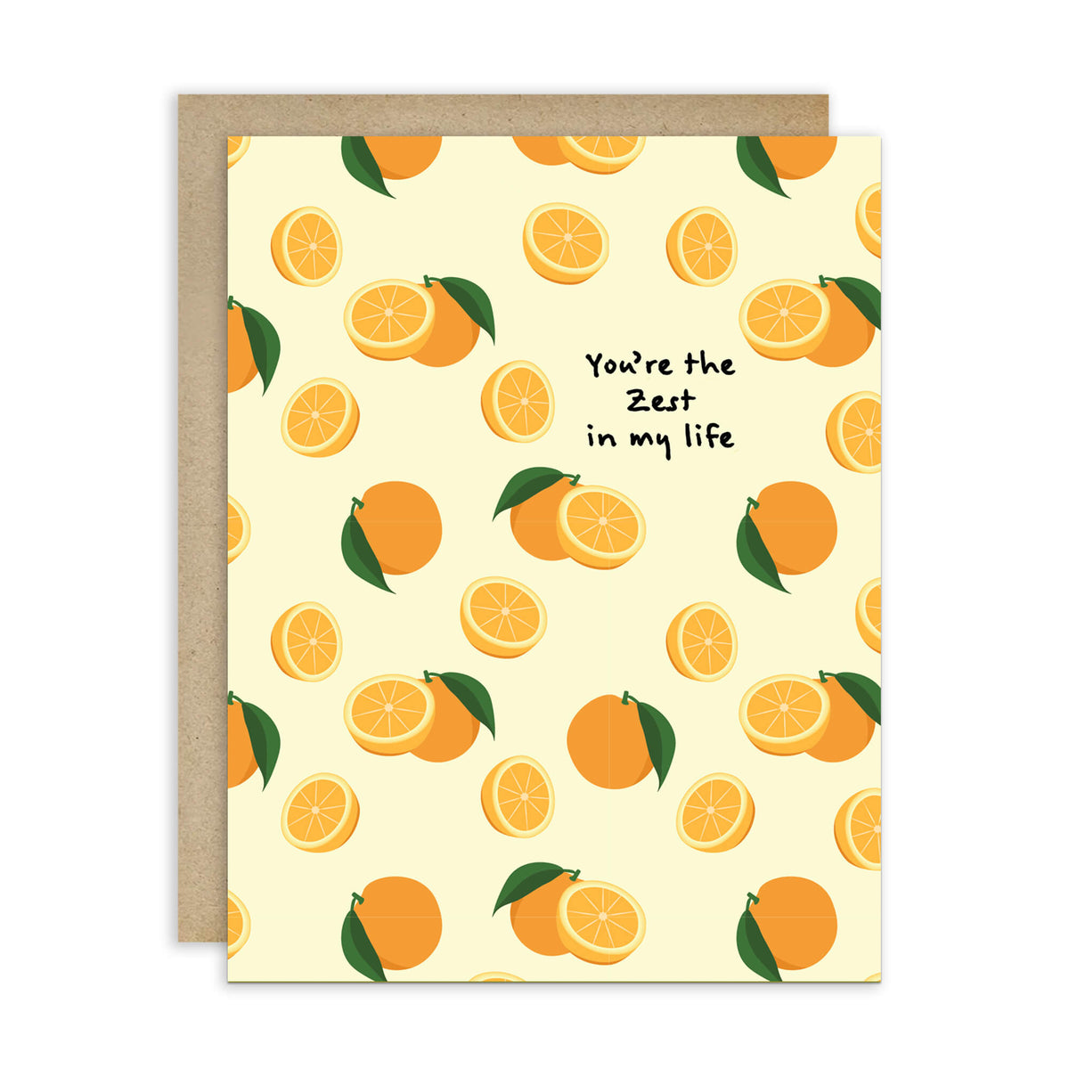 asian Greeting card with orange pattern and text 'You're the zest in my life' on a beige background.