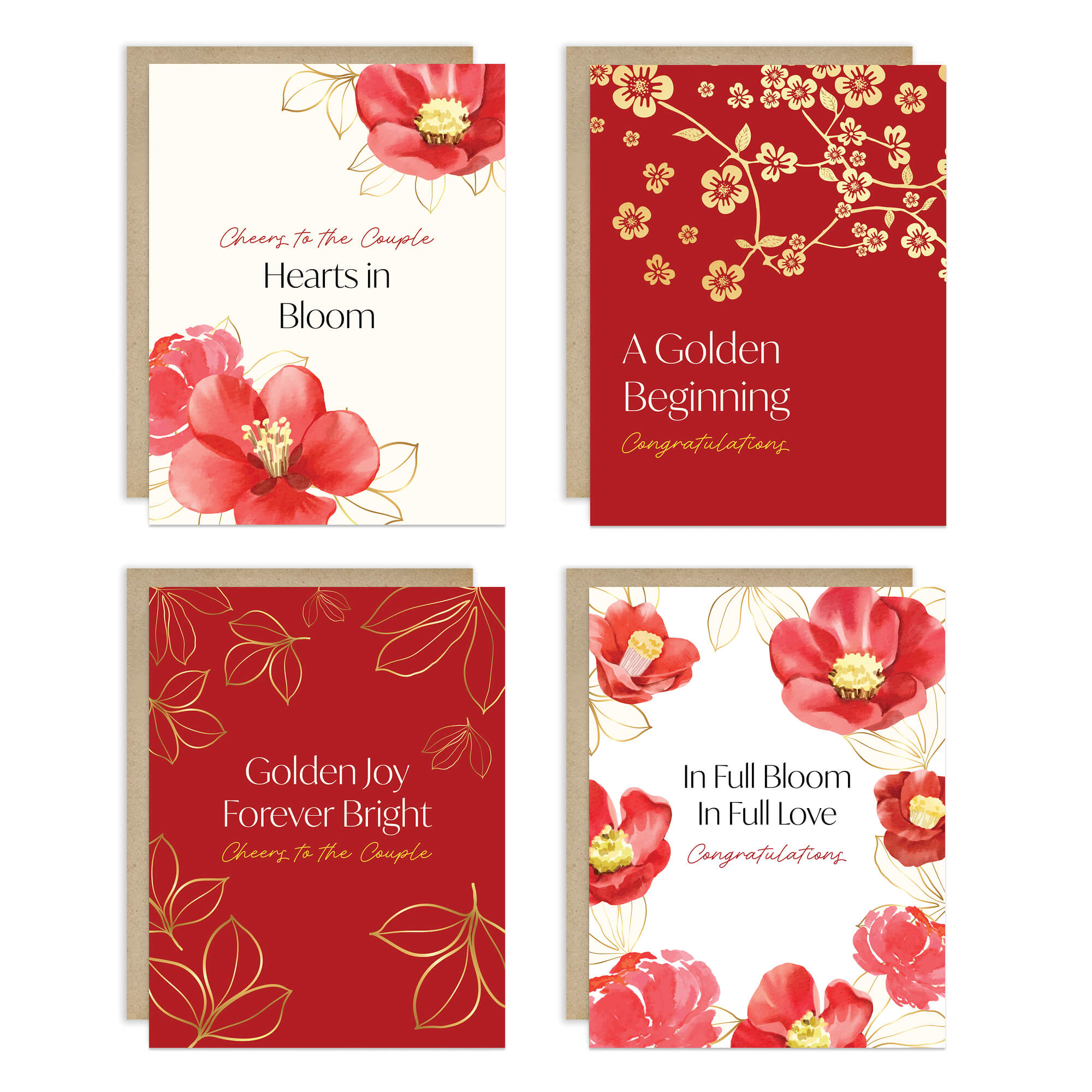 Love Blooms 8 Assorted Asian Wedding Cards | Red & Gold Boxed Set