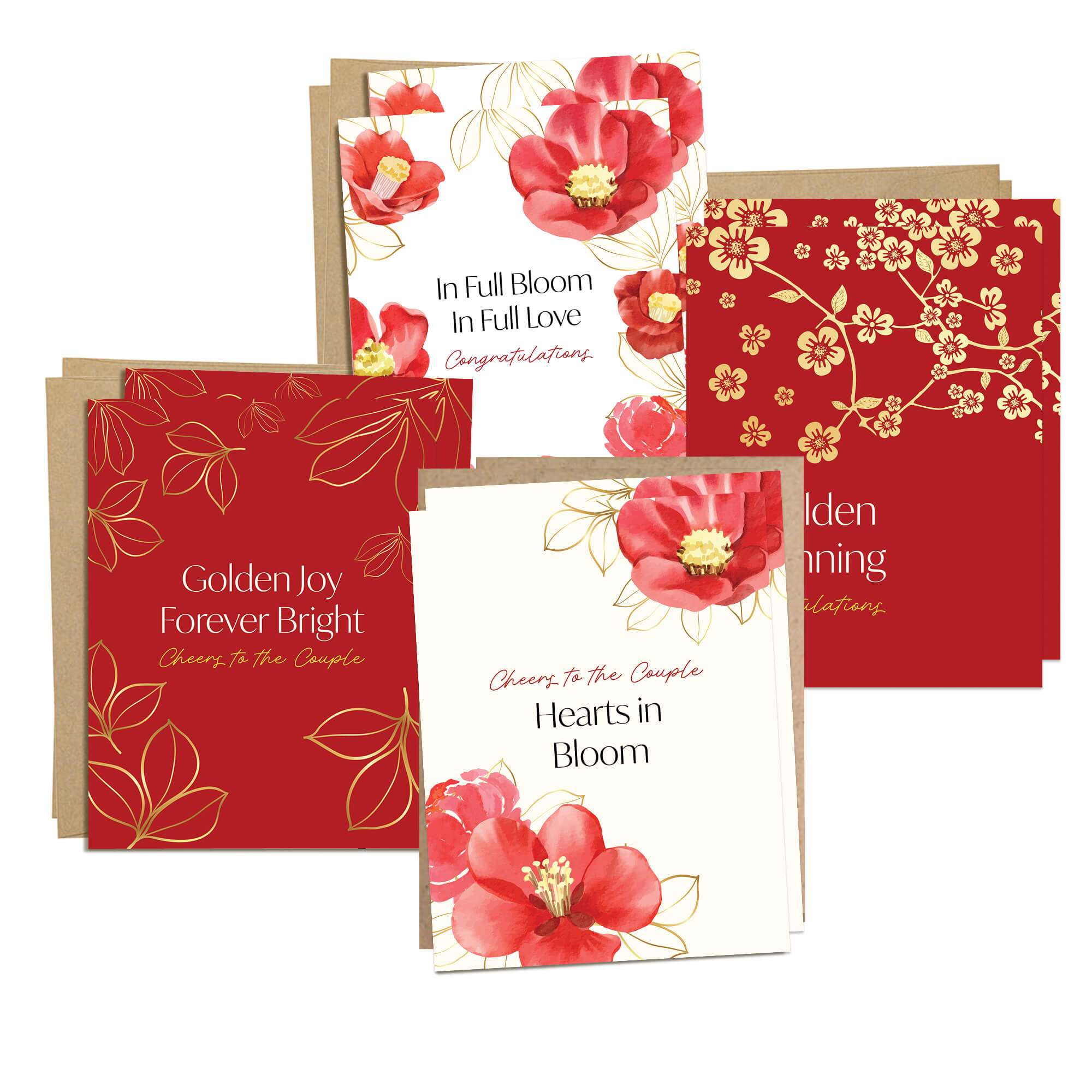 Love Blooms 8 Assorted Asian Wedding Cards | Red & Gold Boxed Set