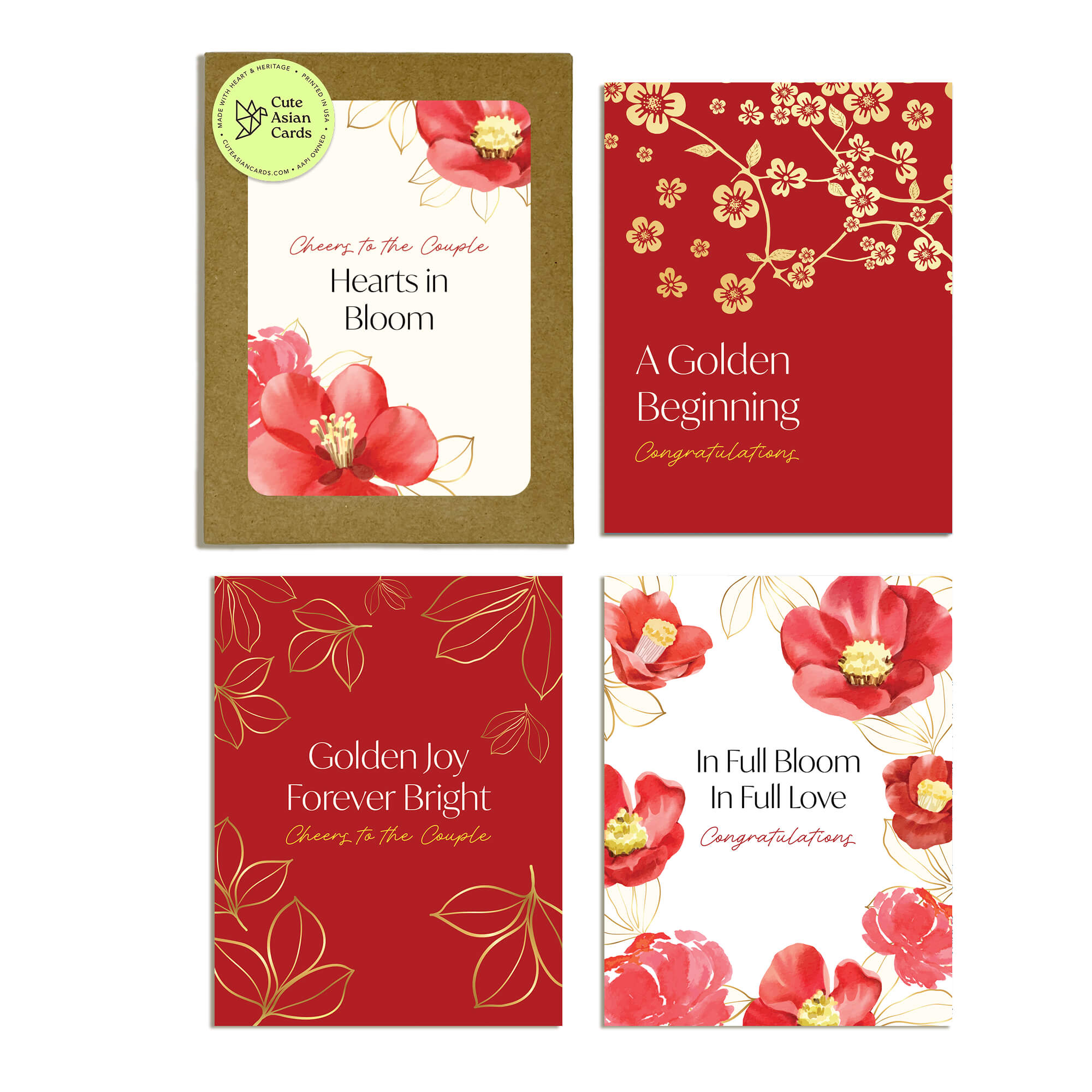 Love Blooms 8 Assorted Asian Wedding Cards | Red & Gold Boxed Set