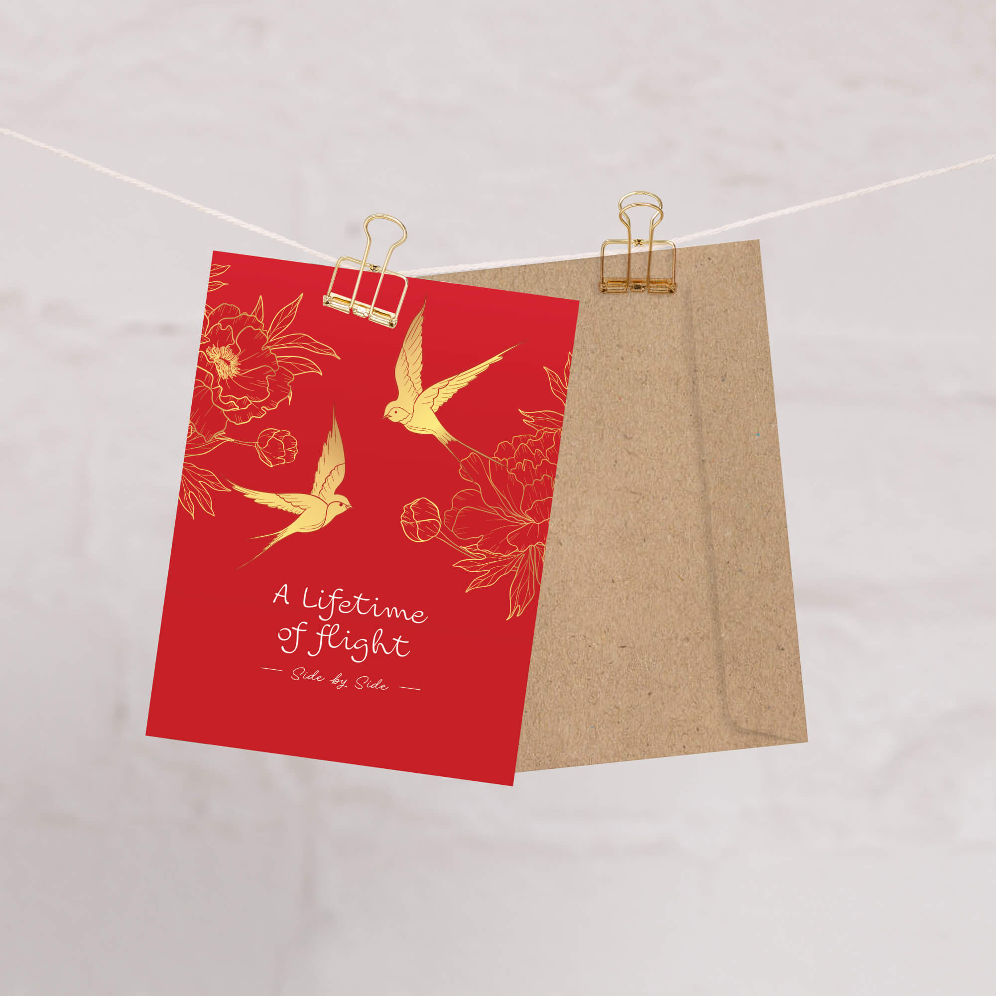 asian wedding Greeting card with gold birds and flowers on a red background