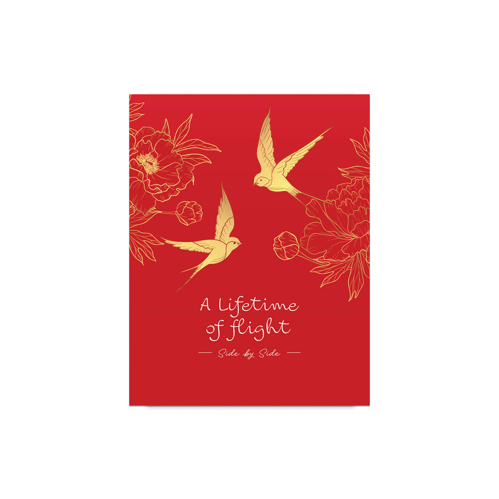 asian wedding Greeting card with gold birds and flowers on a red background
