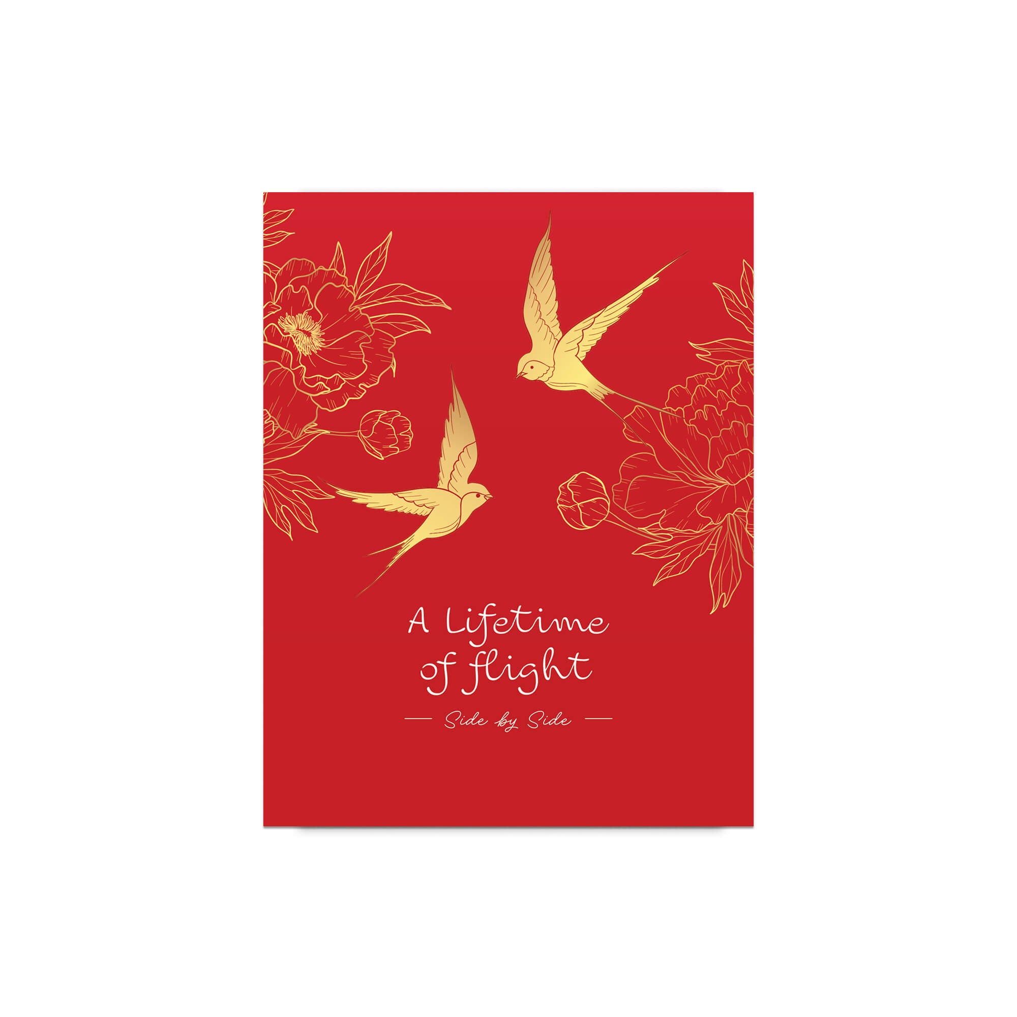 asian wedding Greeting card with gold birds and flowers on a red background