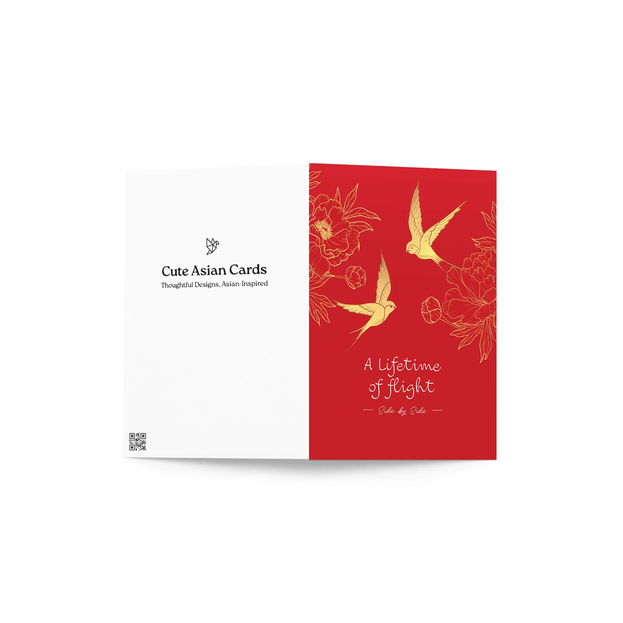 asian wedding Greeting card with gold birds and flowers on a red background