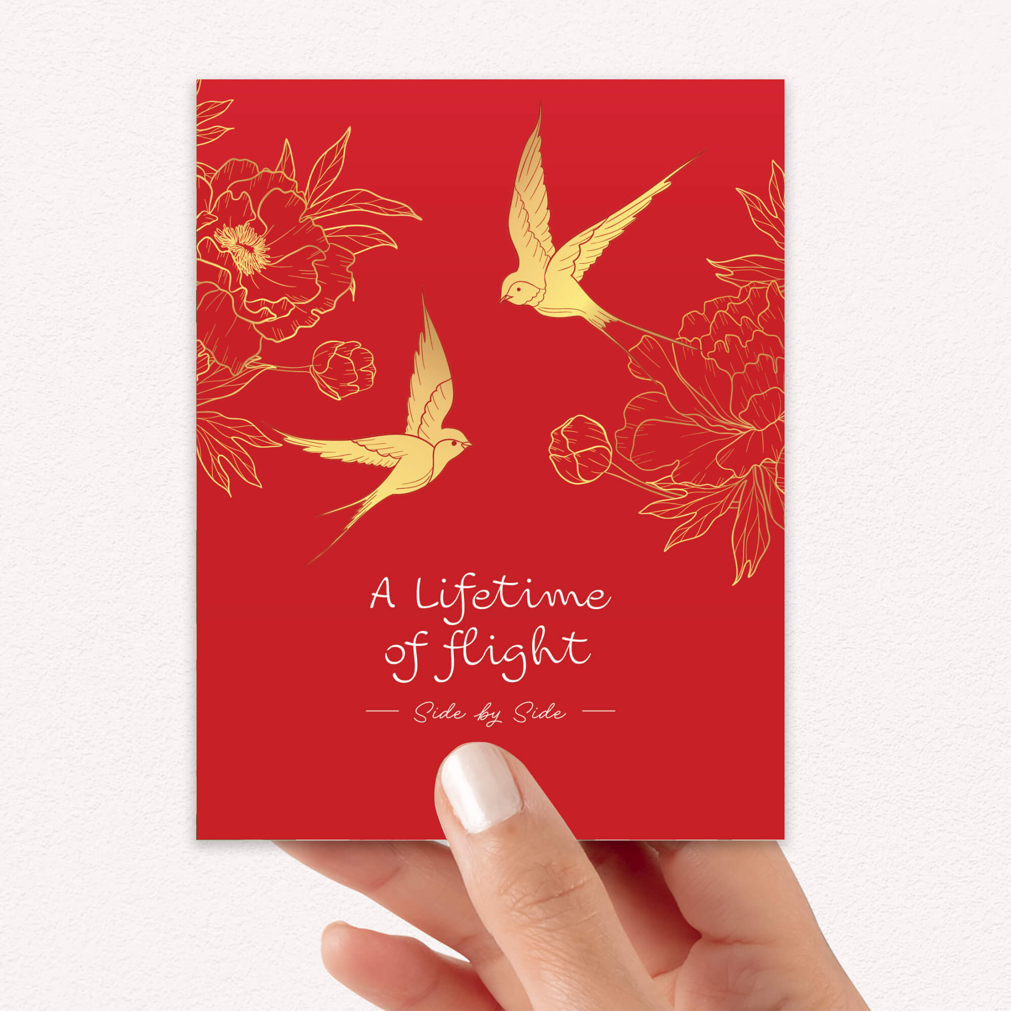 asian wedding Greeting card with gold birds and flowers on a red background