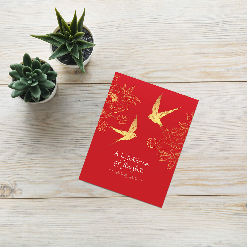 asian wedding Greeting card with gold birds and flowers on a red background