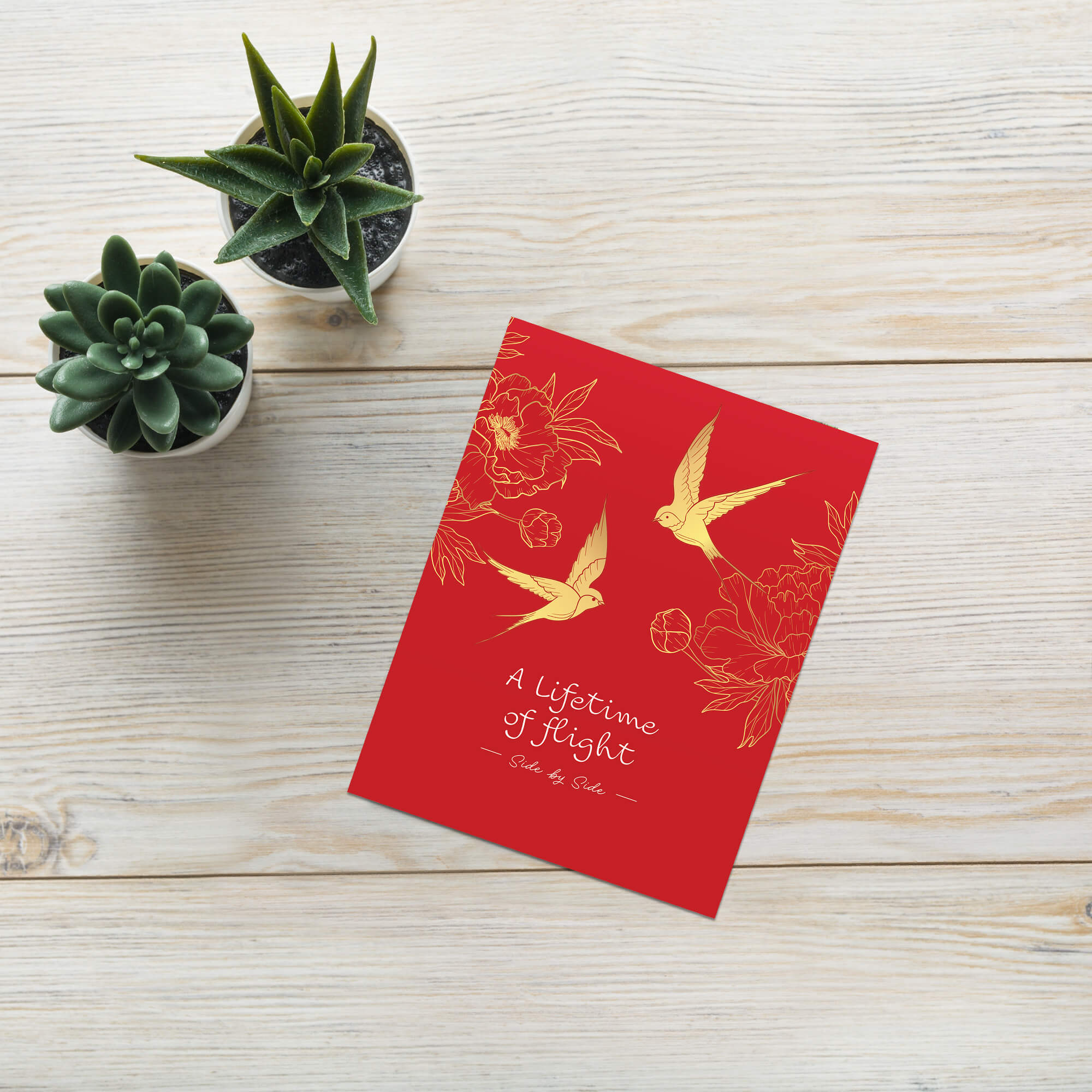 asian wedding Greeting card with gold birds and flowers on a red background