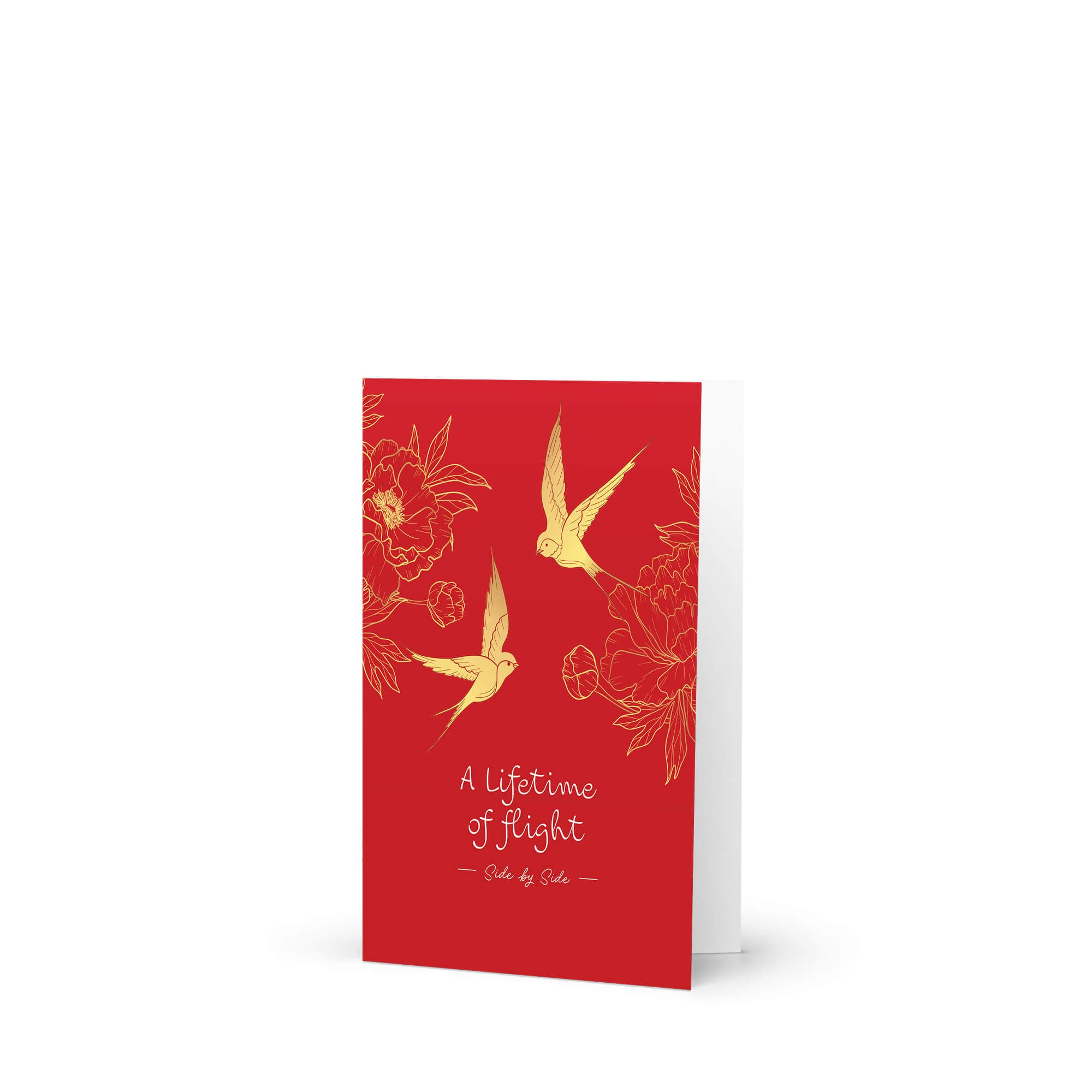 asian wedding Greeting card with gold birds and flowers on a red background