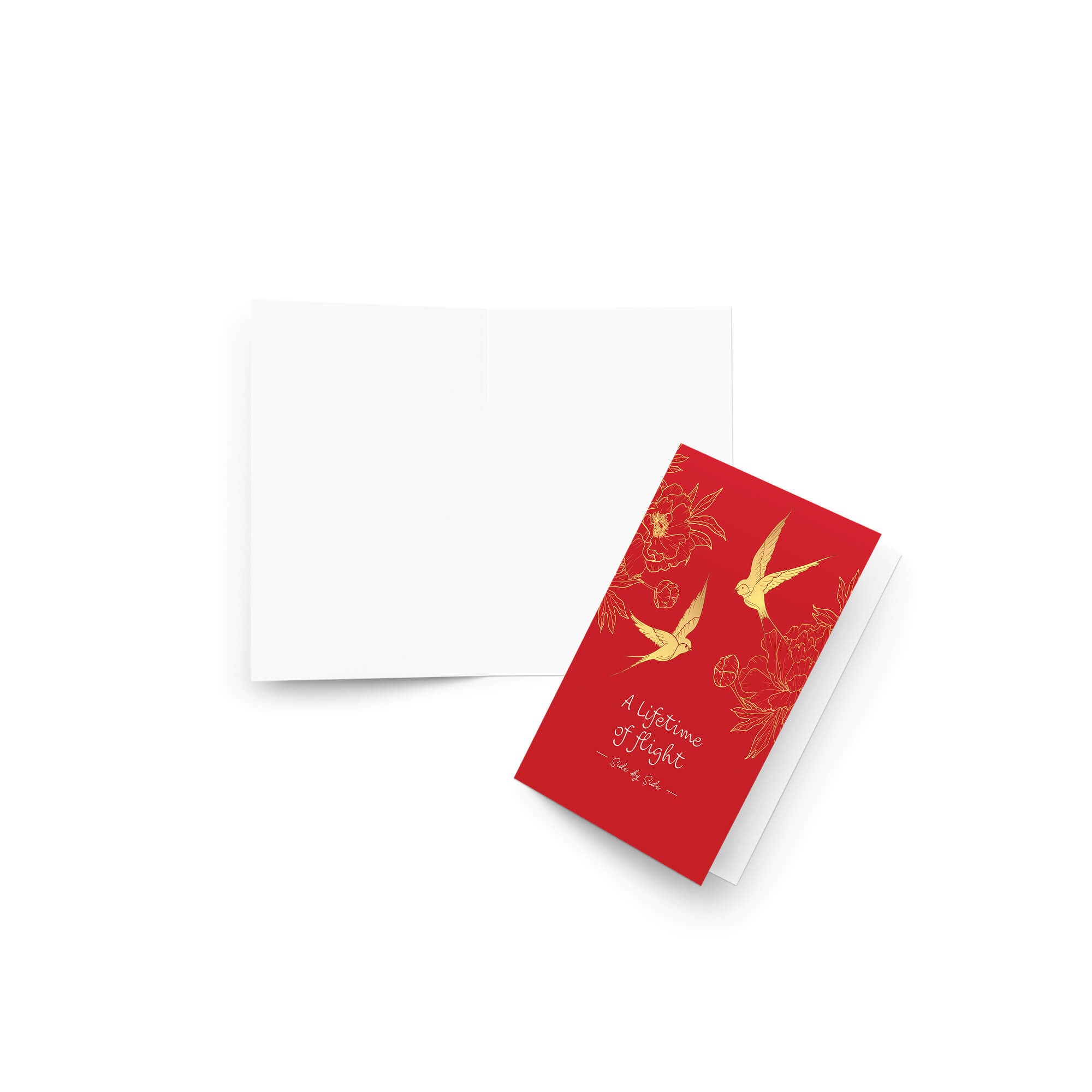 asian wedding Greeting card with gold birds and flowers on a red background