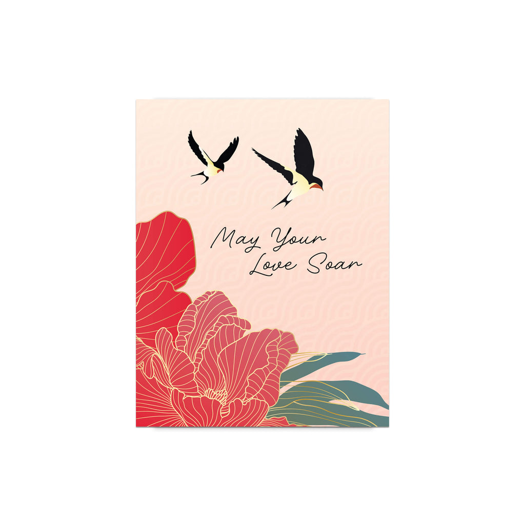 Card with floral design and birds on a pink background