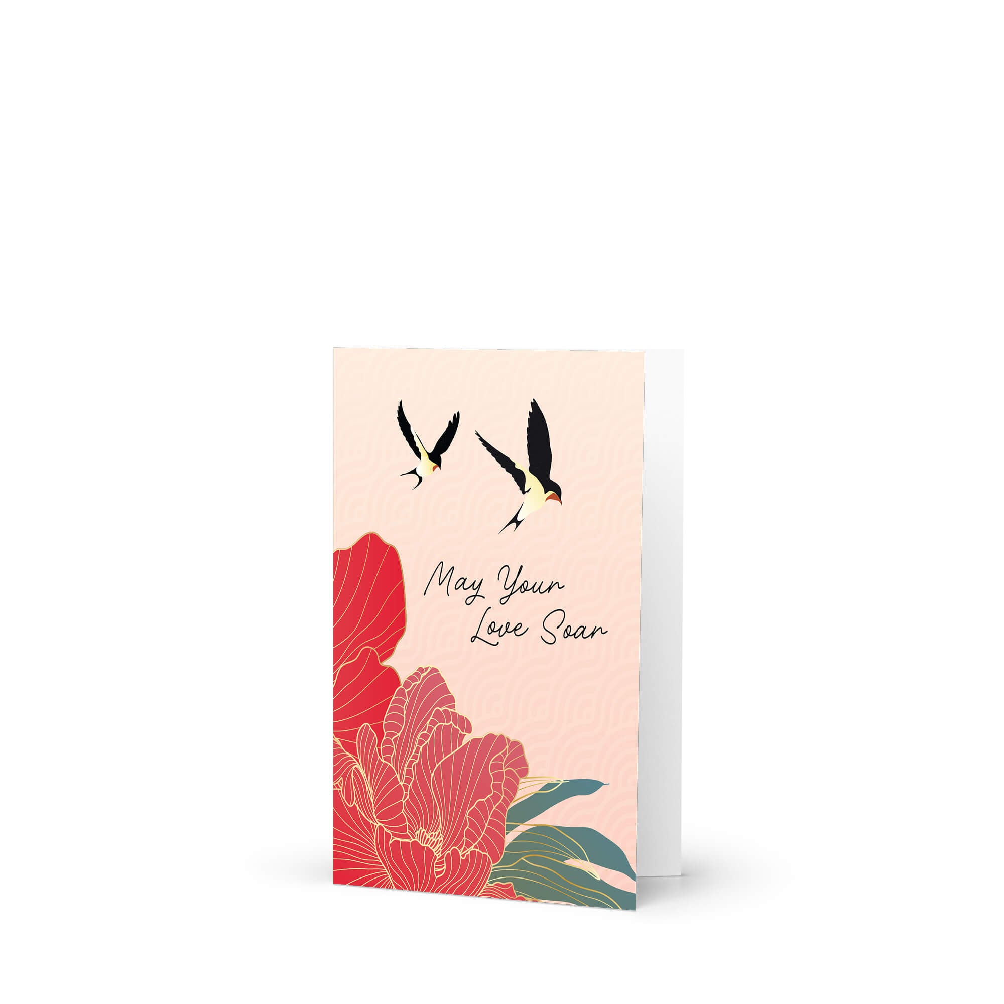 Greeting card with floral design and birds on a white background