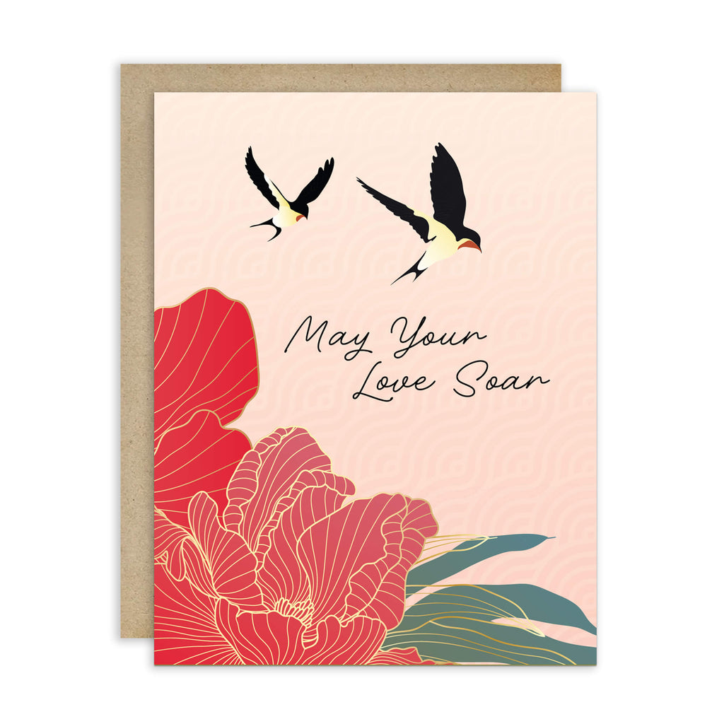 Greeting card with birds and floral design on a pink background