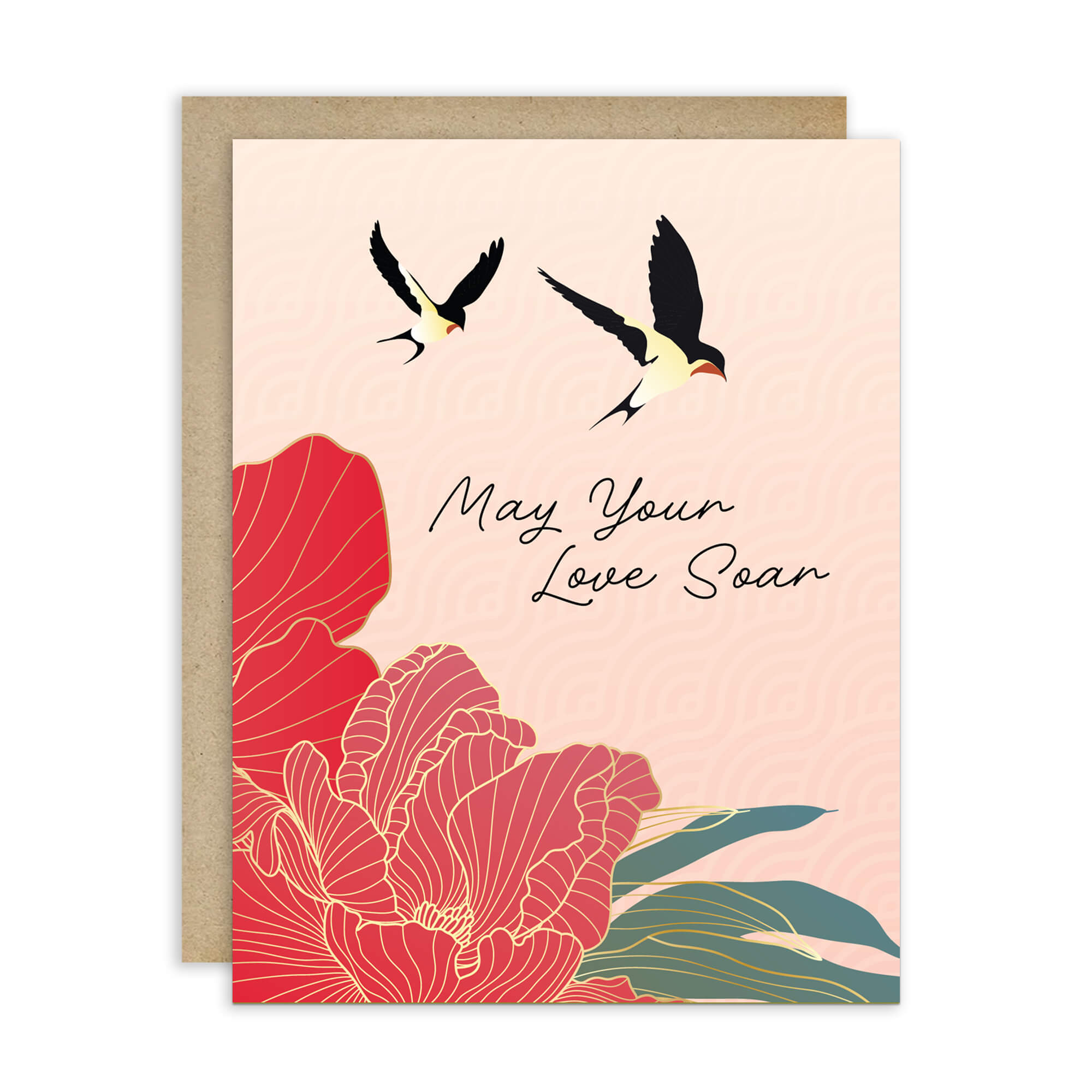 Greeting card with birds and floral design on a pink background