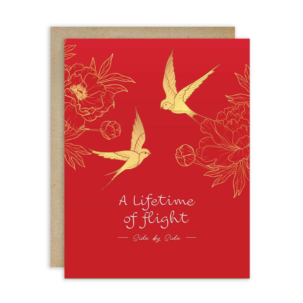 asian wedding Greeting card with gold birds and flowers on a red background