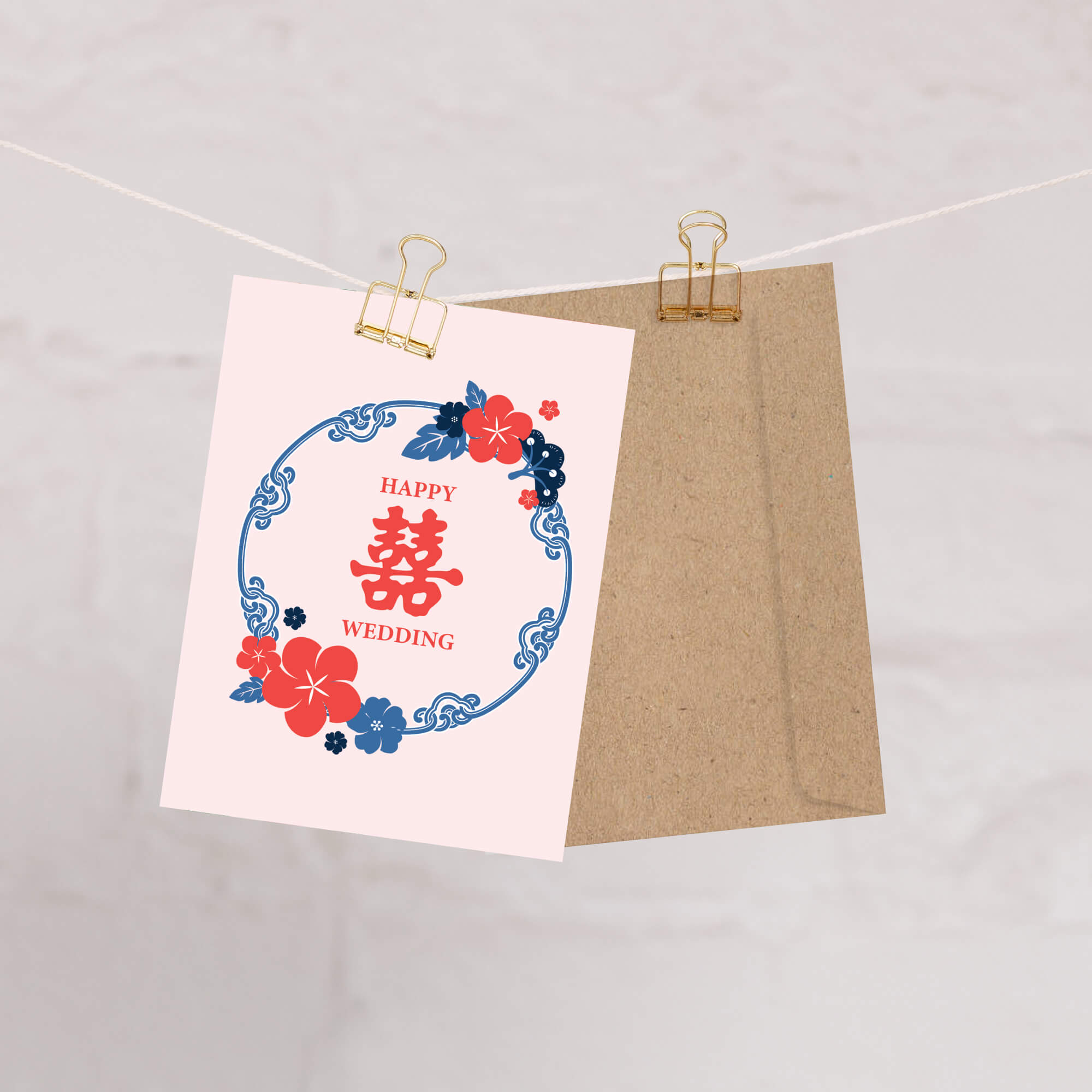 asian wedding Greeting card with floral design and 'Happy Wedding' text on a pink background