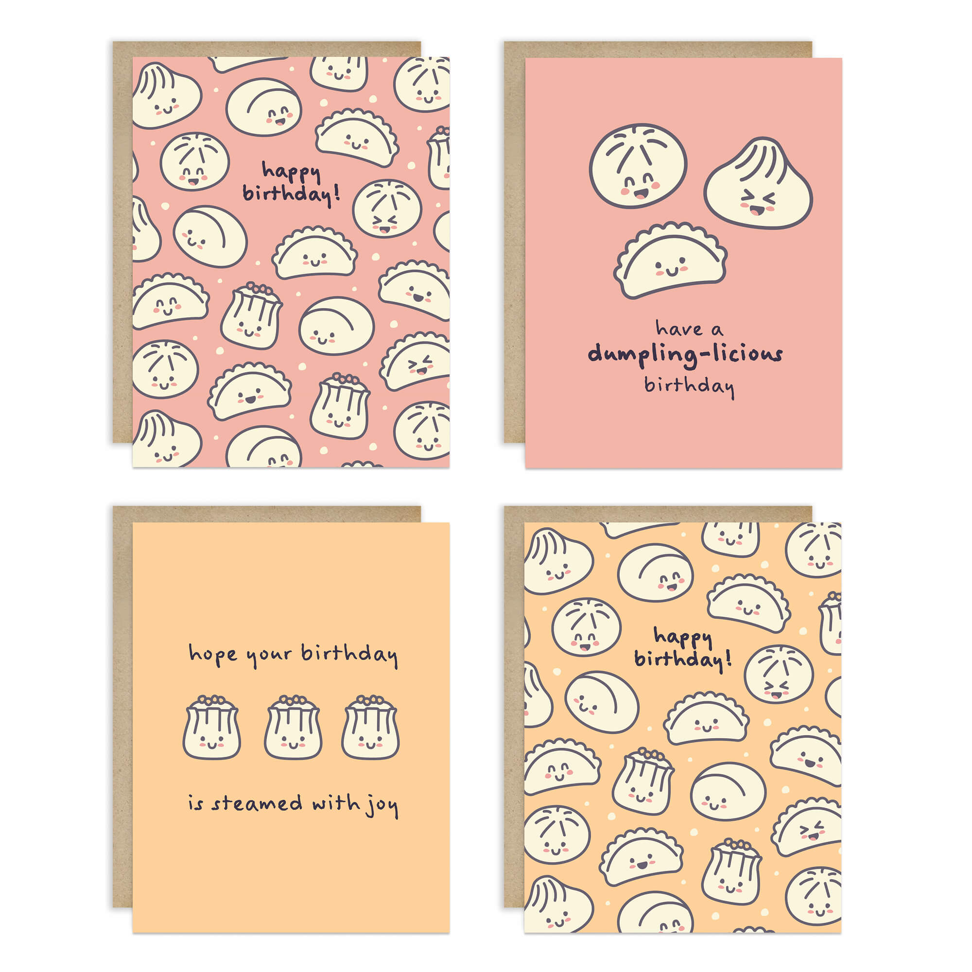 set of Four birthday cards with dumpling illustrations and text on a white background