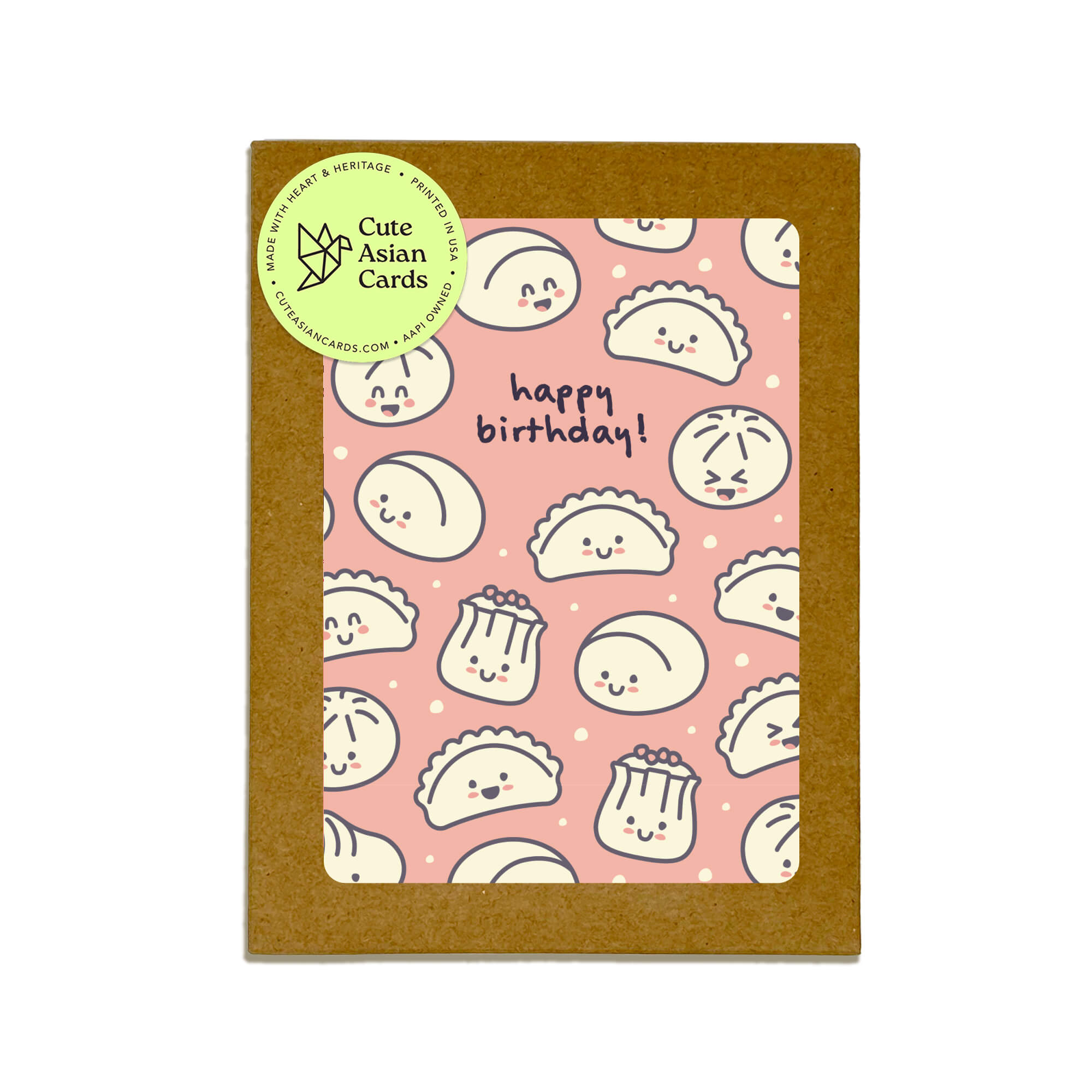 assorted Greeting cards with dumpling design and 'happy birthday!' text on a pink background, featuring the brand 'Cute Asian Cards'.