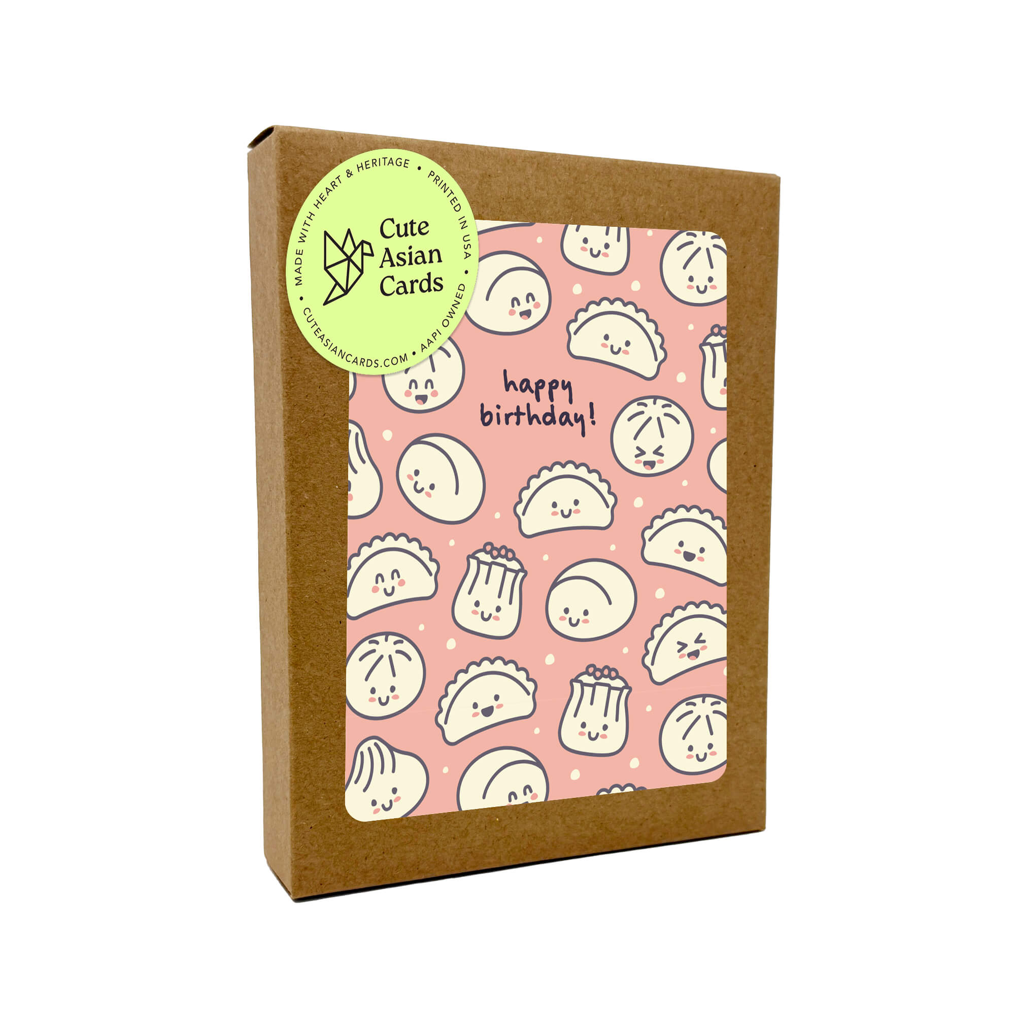 boxed set of birthday cards with cute dumpling illustrations and 'Happy Birthday!' text on a pink background