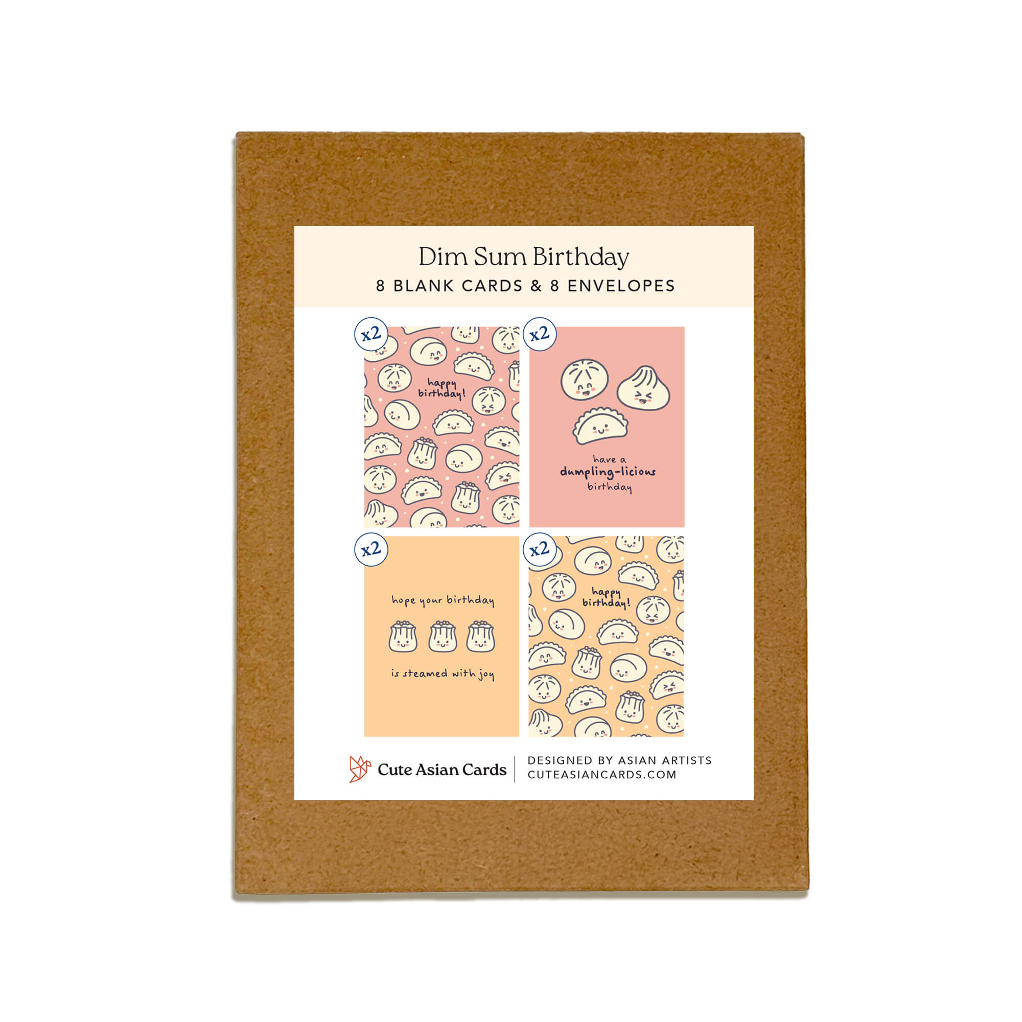 Pack of 8 birthday greeting cards and envelopes with dim sum-themed designs on a white background.