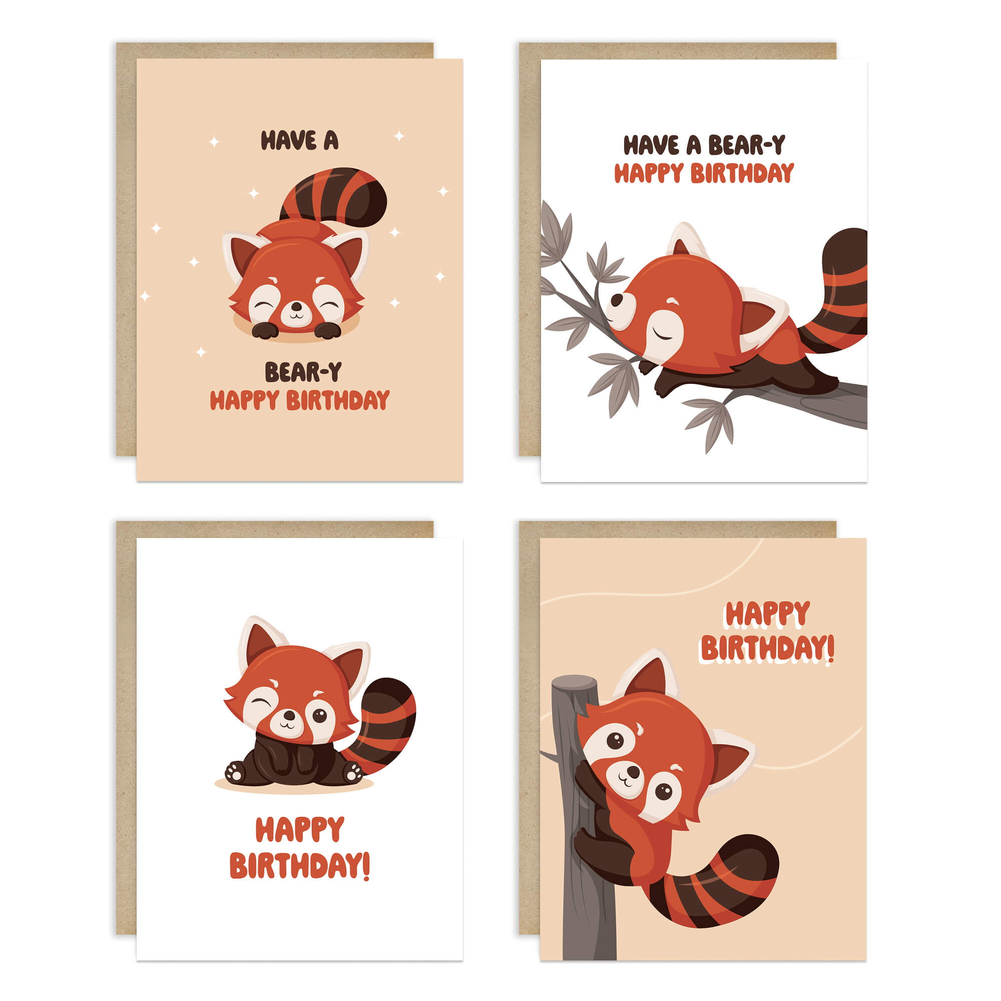 birthday cards featuring a red panda with 'Happy Birthday!' text on a white background.