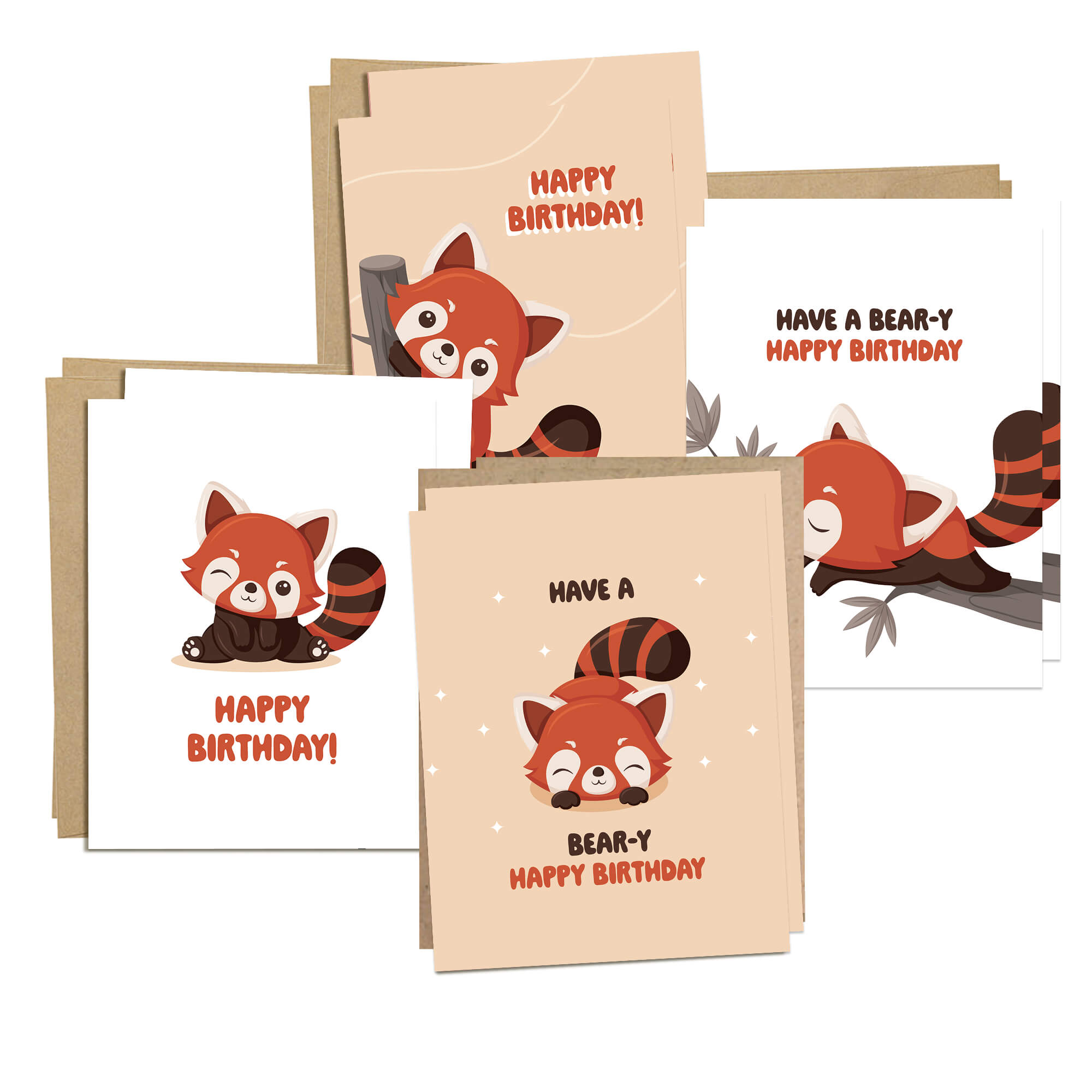 boxed Set of birthday cards with red panda illustrations on a white background
