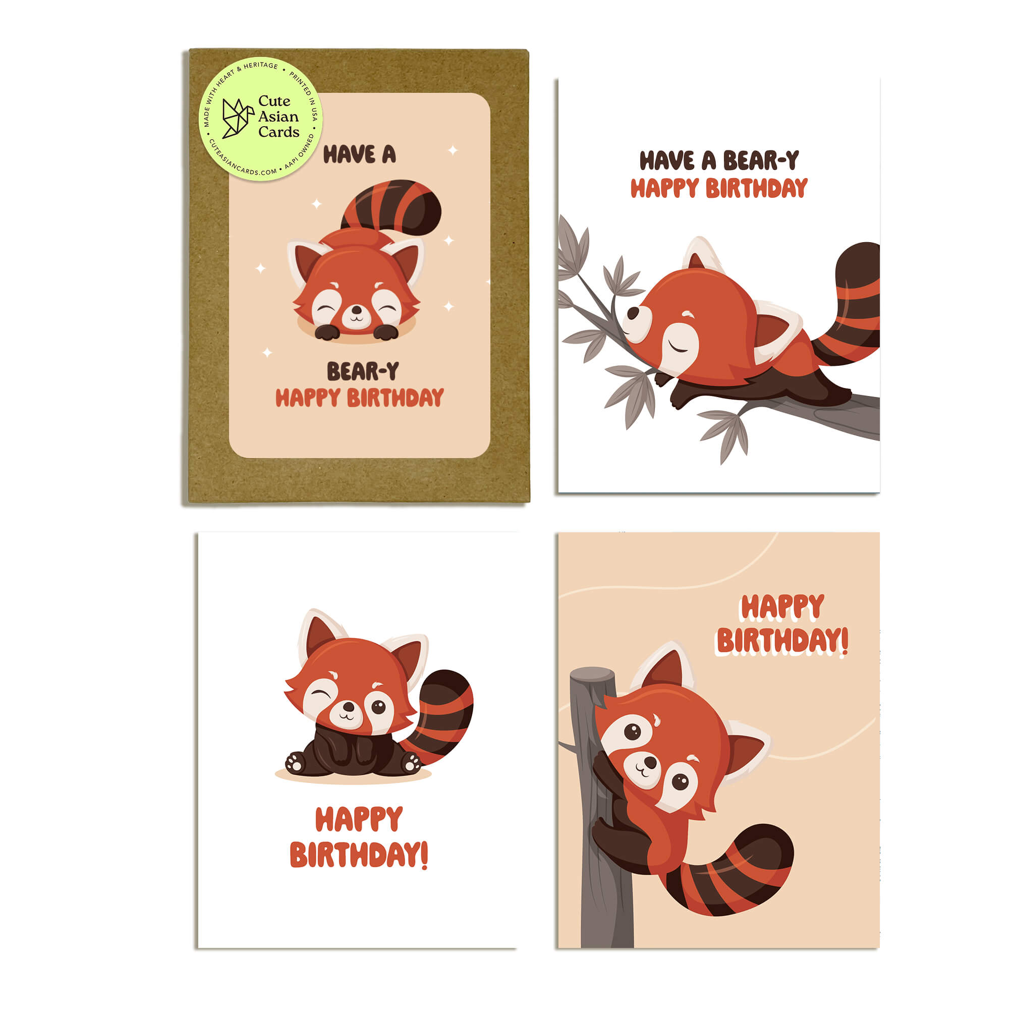 boxed birthday cards | set of 8 red panda blank cards and 8 envelopes
