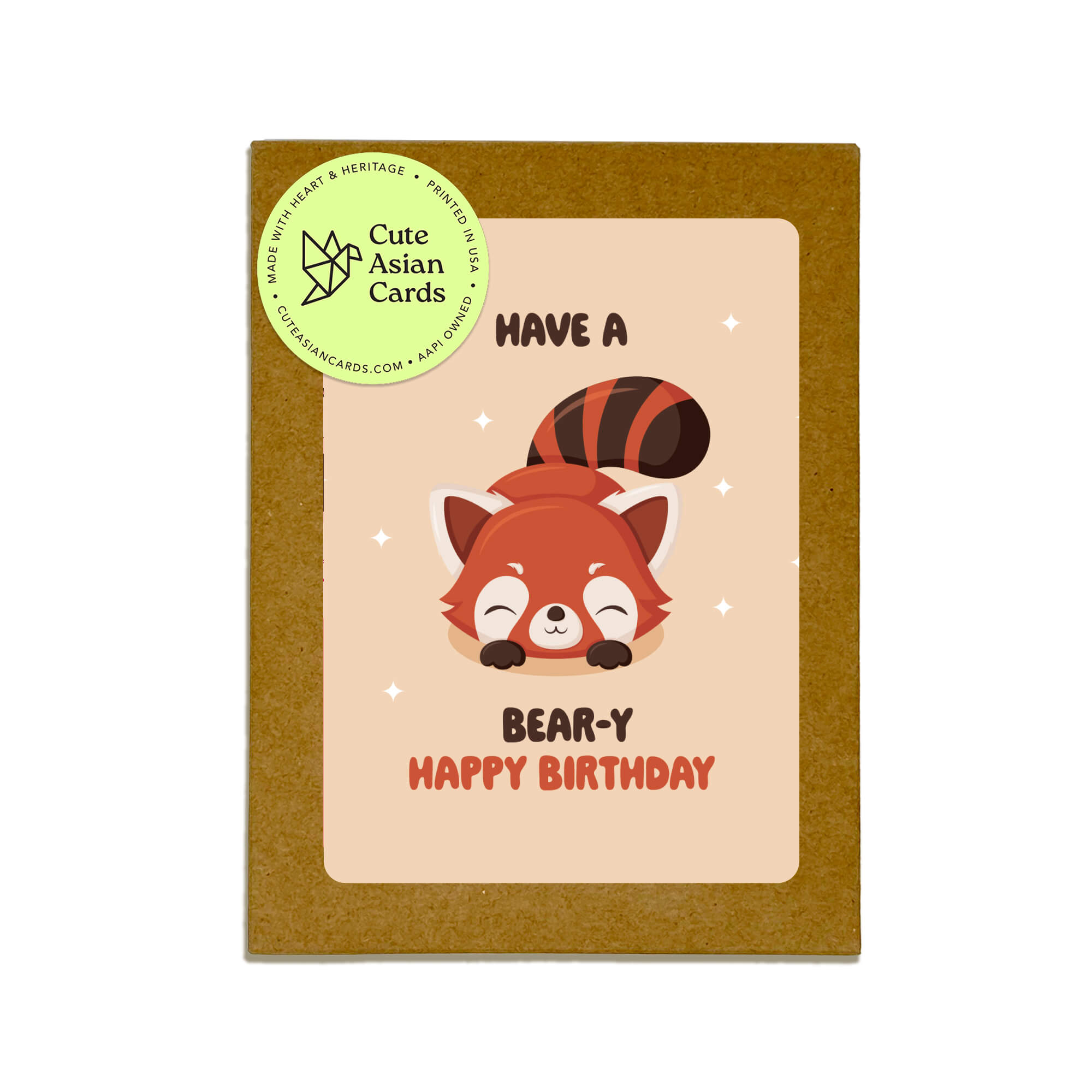 Greeting card with a cartoon red panda and 'Have a BEAR-y Happy Birthday' text on a beige background.