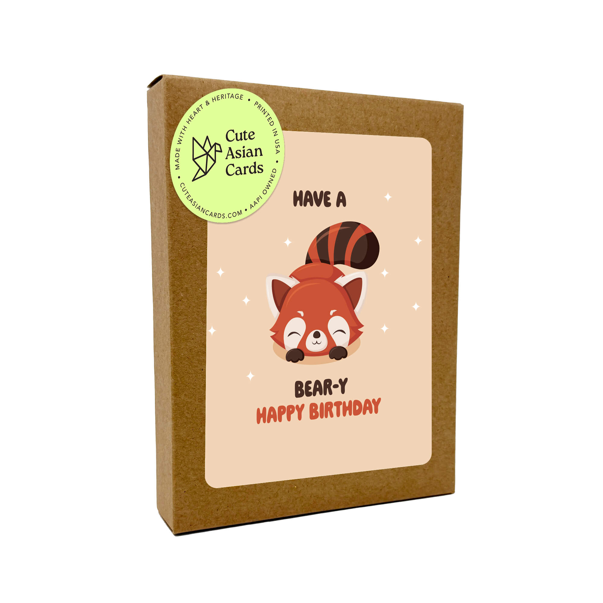 boxed set of birthday Card packaging with a cartoon bear design and text 'Have a bear-y happy birthday' on a beige background.