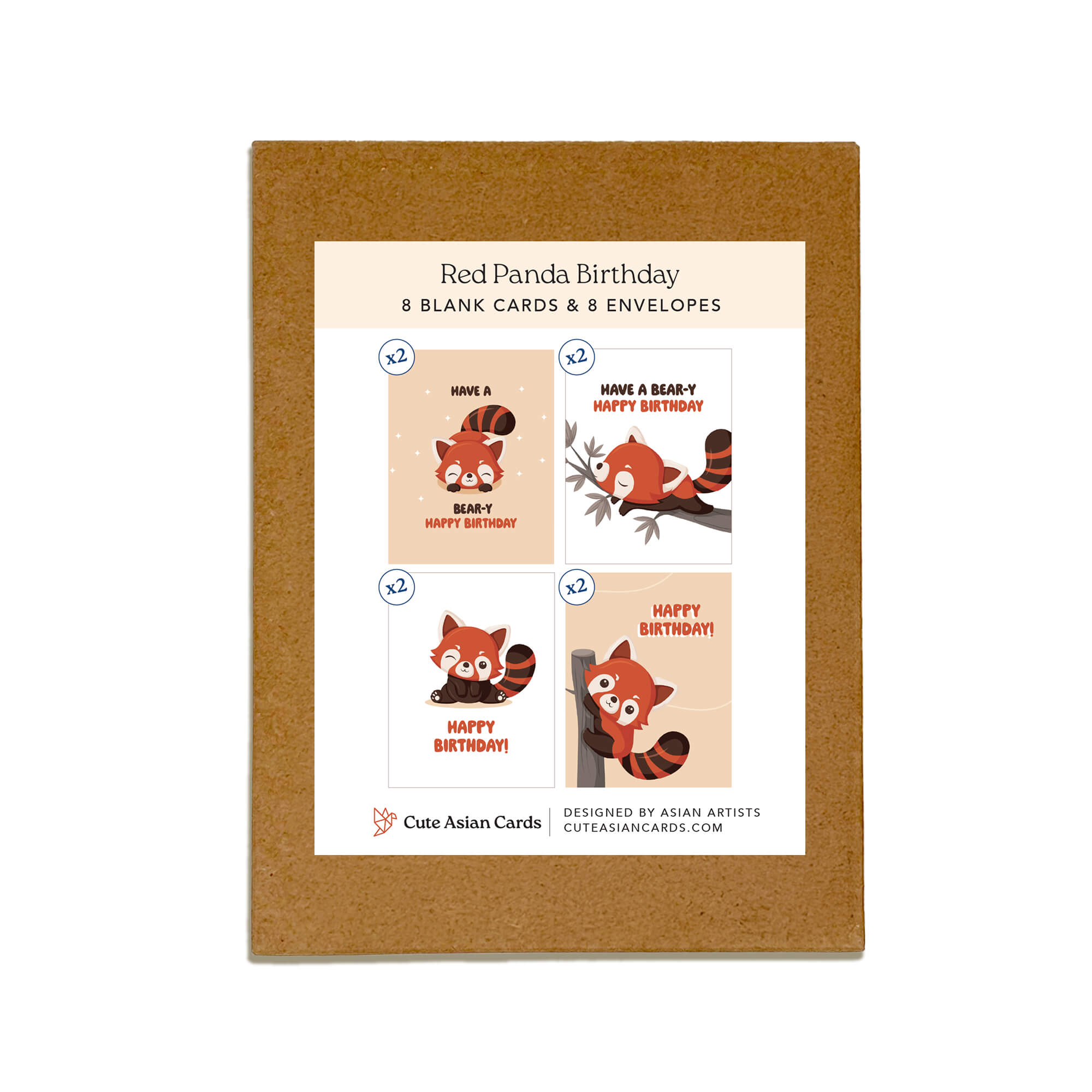 Pack of red panda birthday cards with envelopes on a white background