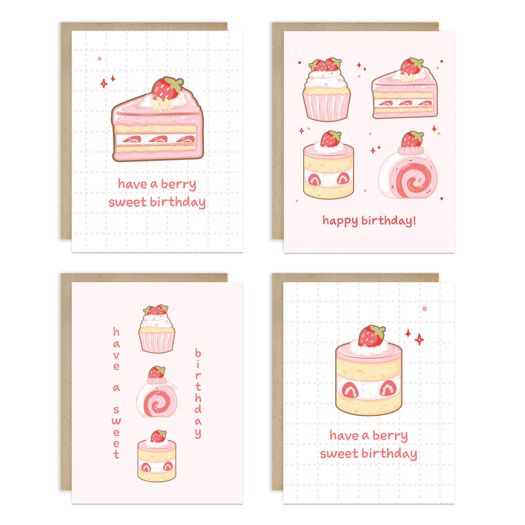 assorted greeting card Set of four birthday cards with cake illustrations and text on a white background