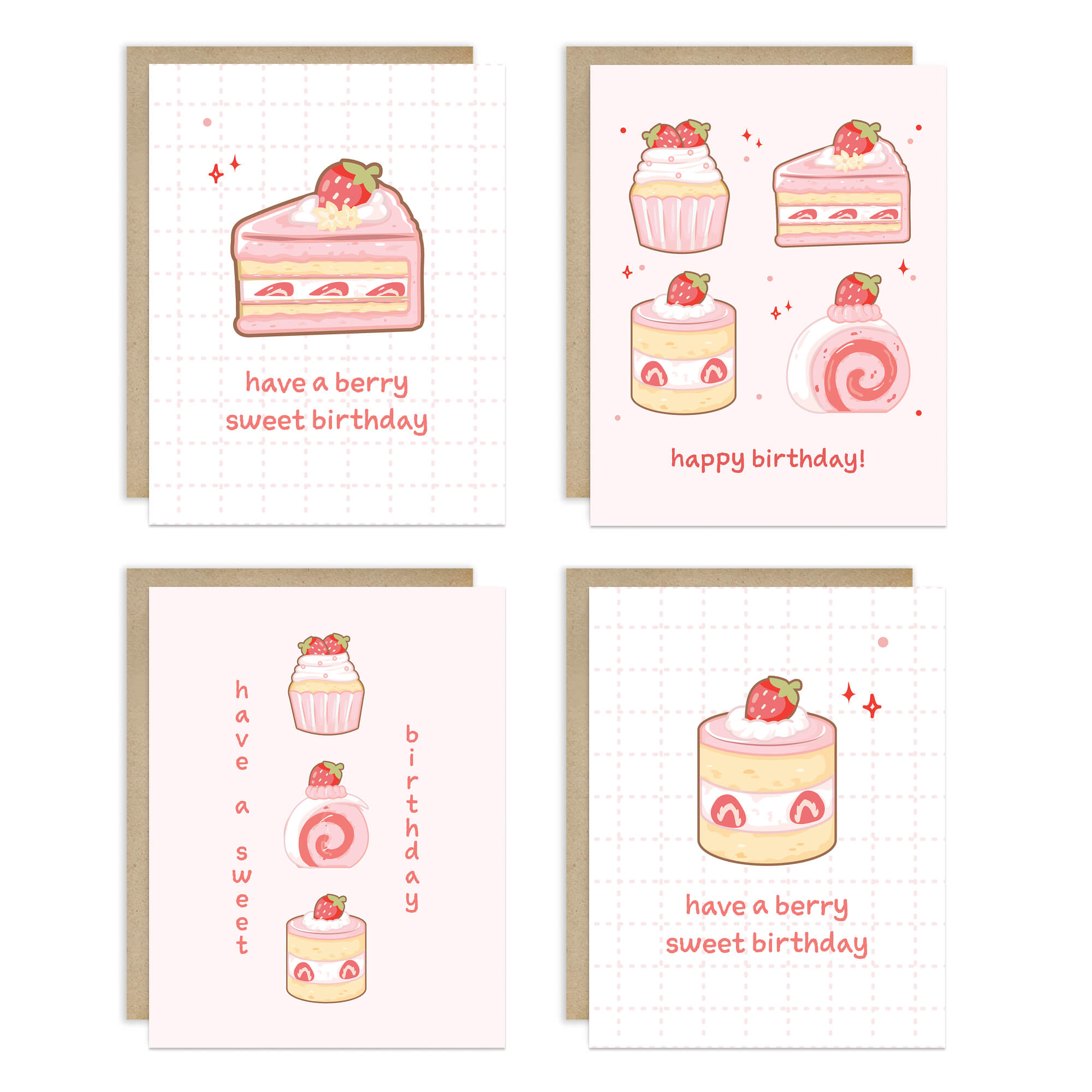 assorted greeting card Set of four birthday cards with cake illustrations and text on a white background