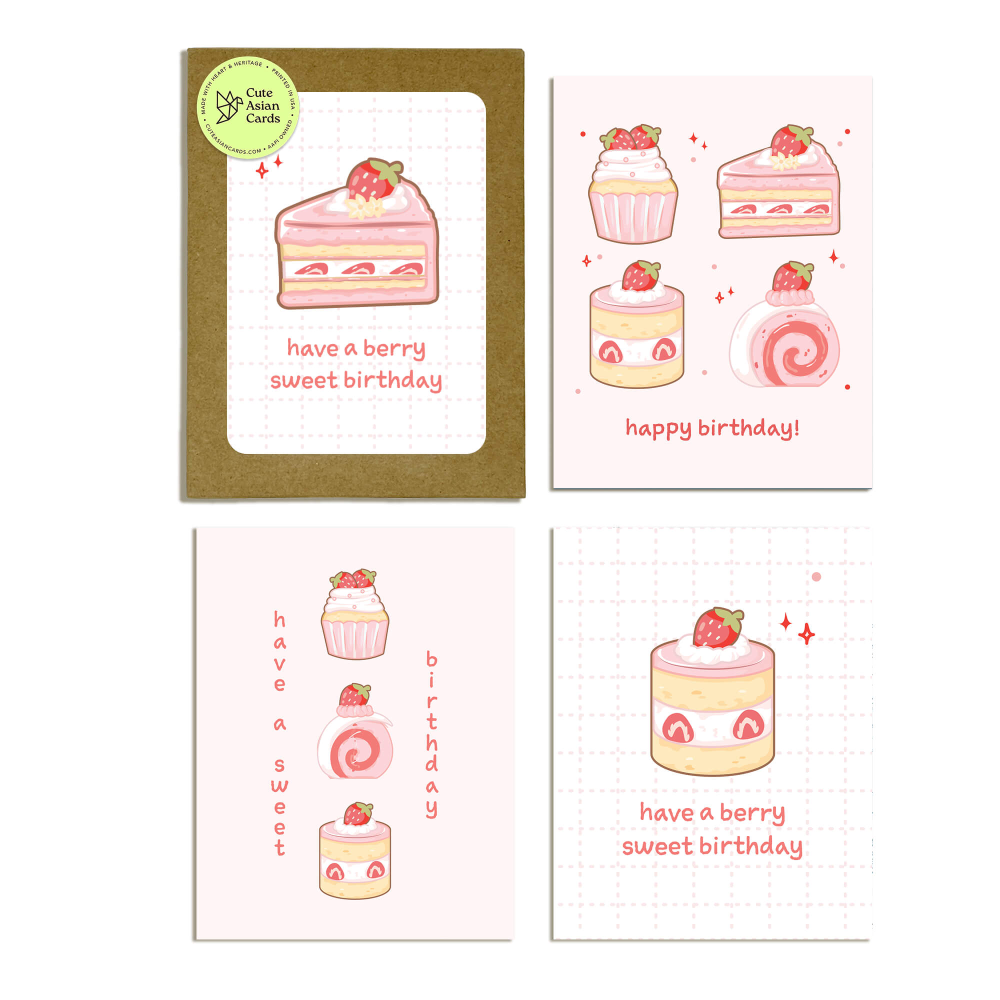 boxed Set of birthday cards with cake illustrations and text on a white background