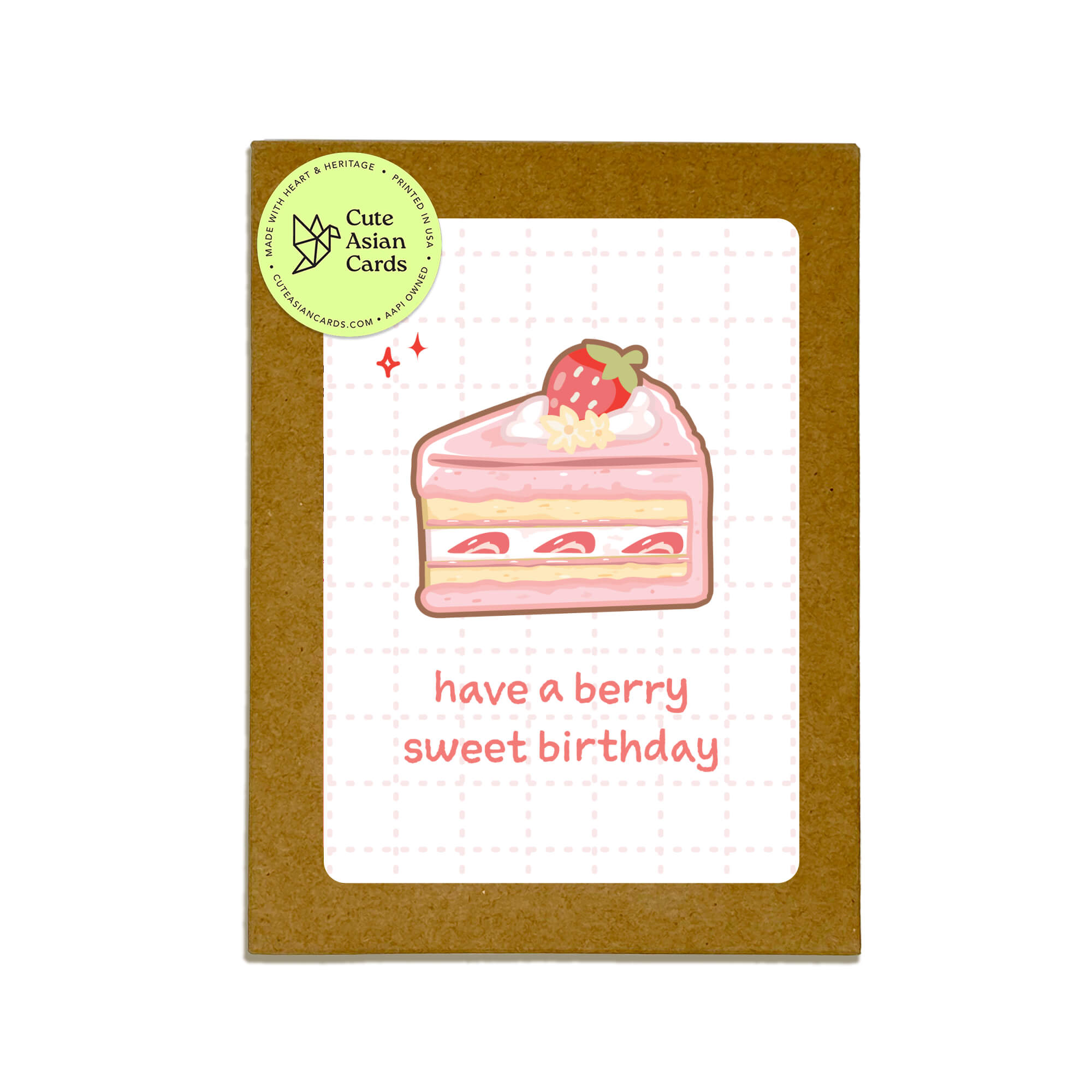 assorted birthday Cards with a slice of cake illustration and 'have a berry sweet birthday' text, featuring the brand 'Cute Asian Cards'.