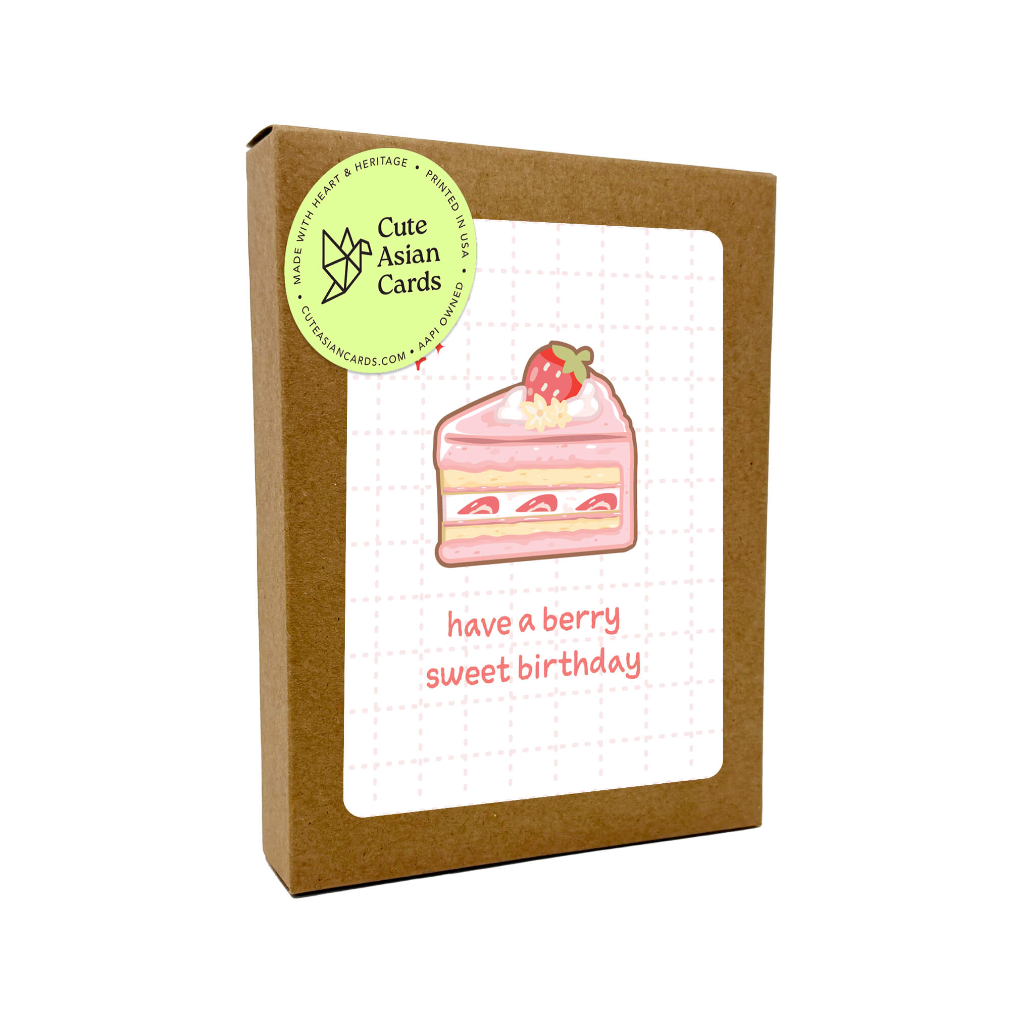 boxed set of birthday cards with a slice of cake illustration and text 'have a berry sweet birthday' on a white background.