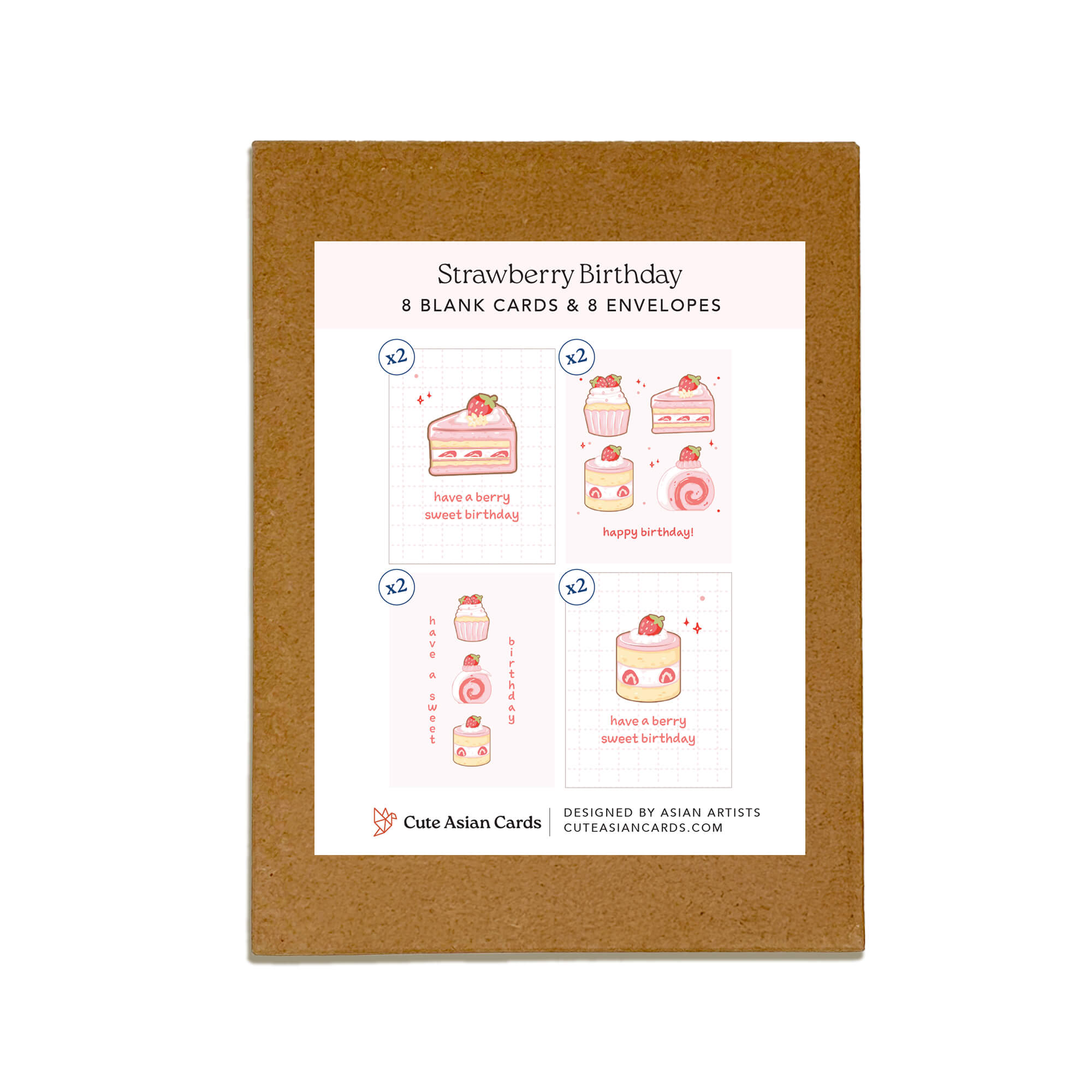pack of 8 Strawberry Birthday cards with envelopes on a white background