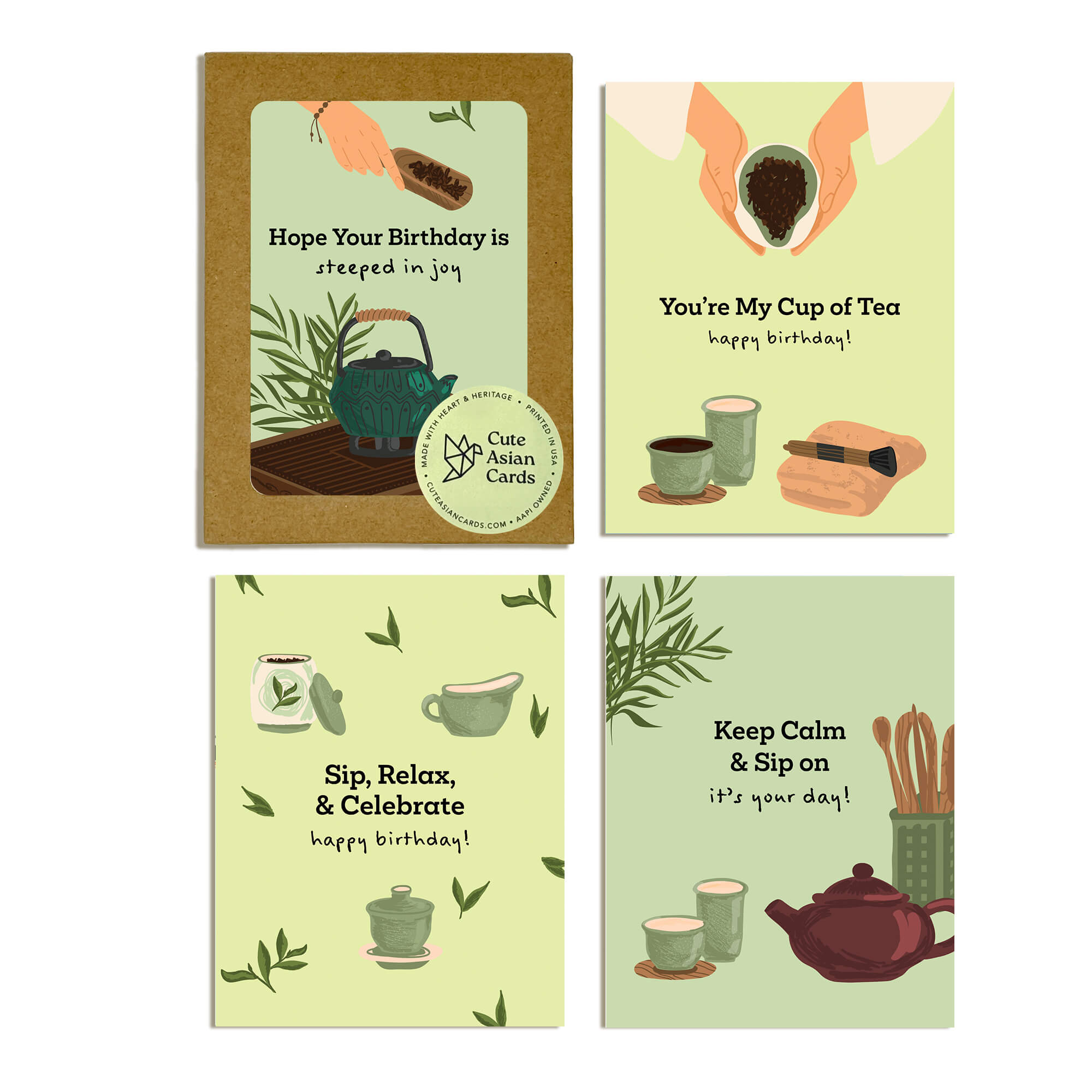 Green Tea 8 Assorted Birthday Cards | Asian Pack of Greetings Box Set