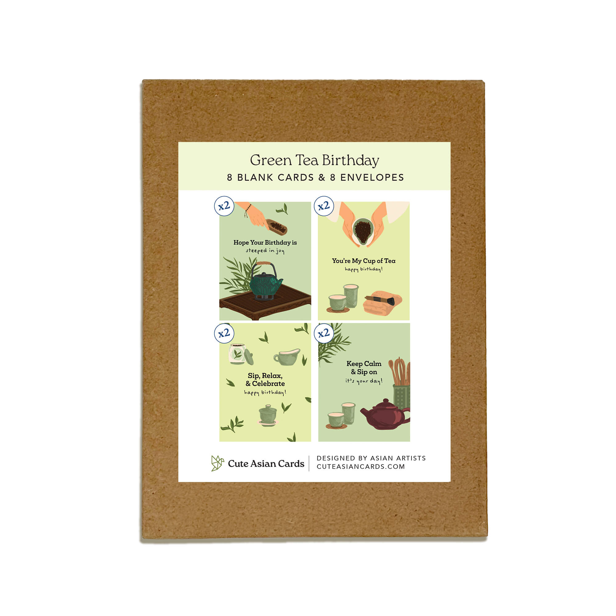 Green Tea 8 Assorted Birthday Cards | Asian Pack of Greetings Box Set