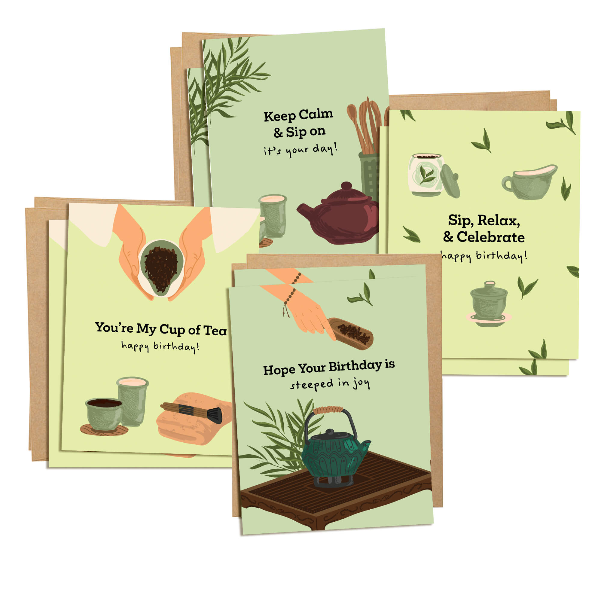 Green Tea 8 Assorted Birthday Cards | Asian Pack of Greetings Box Set
