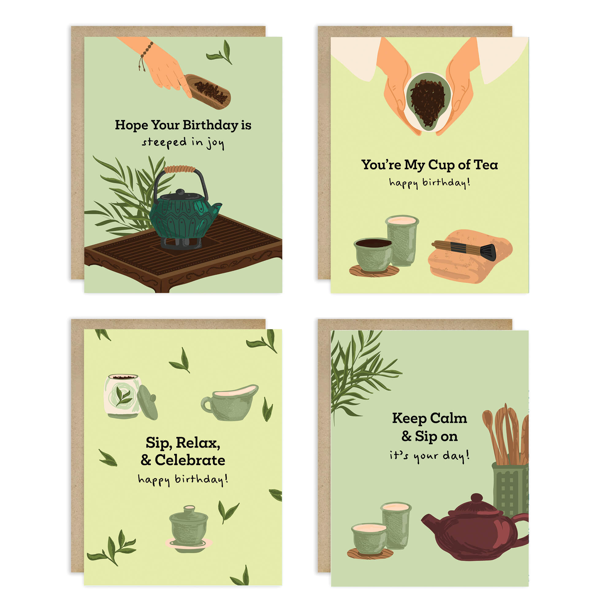 Green Tea 8 Assorted Birthday Cards | Asian Pack of Greetings Box Set