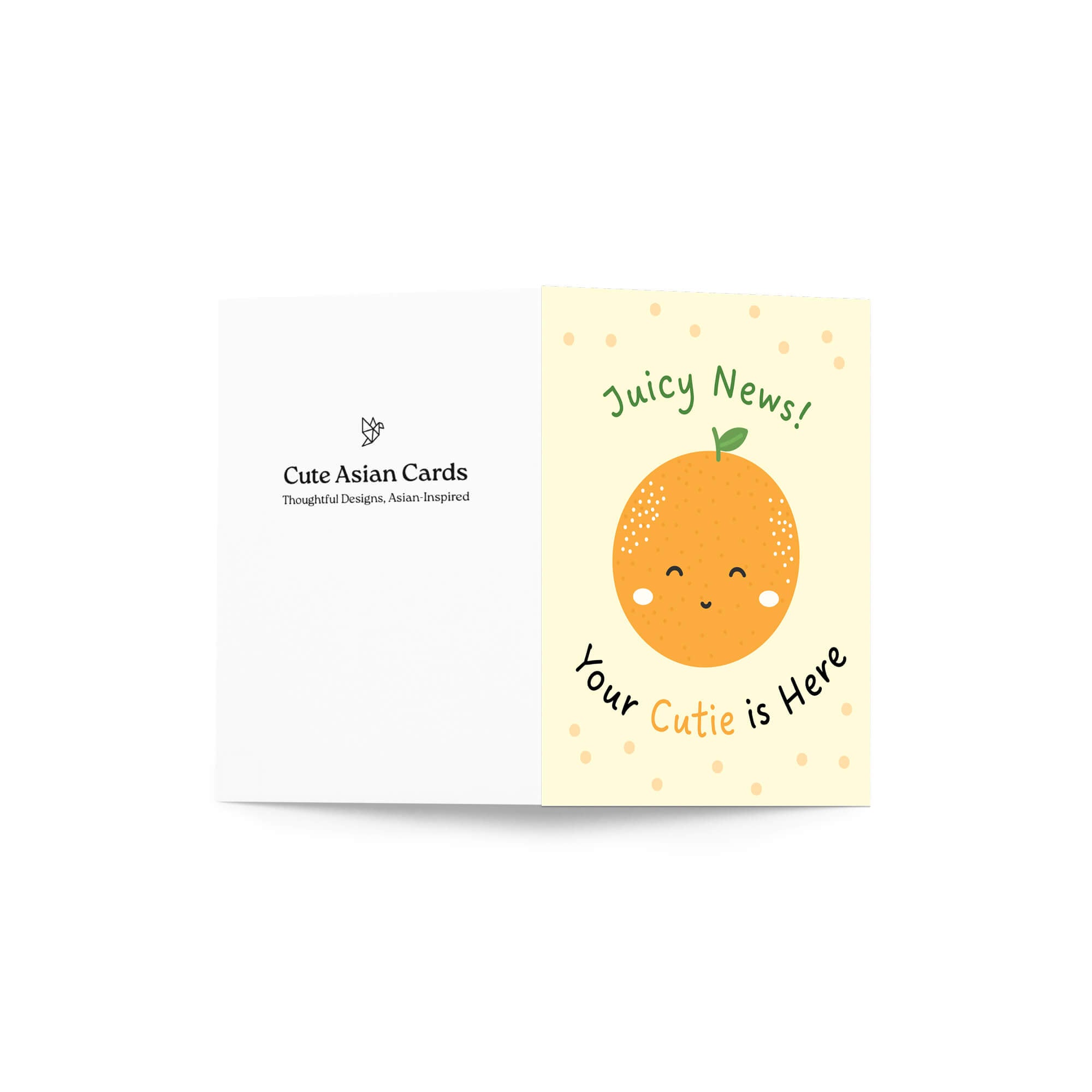 A folded new baby card shown open against a white background. The left panel is white with the brand name 'Cute Asian Cards' printed in black.
