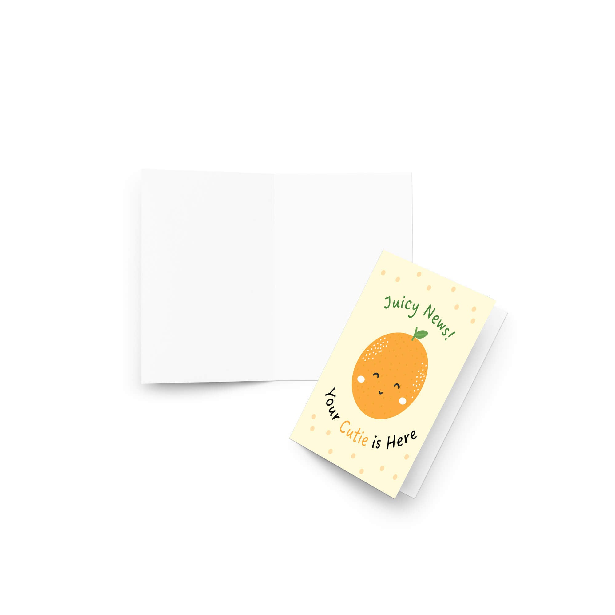 A new baby card with a cute orange illustration and the text 'Juicy News! Your Cutie is Here' shown next to an open blank white card on a clean white background.