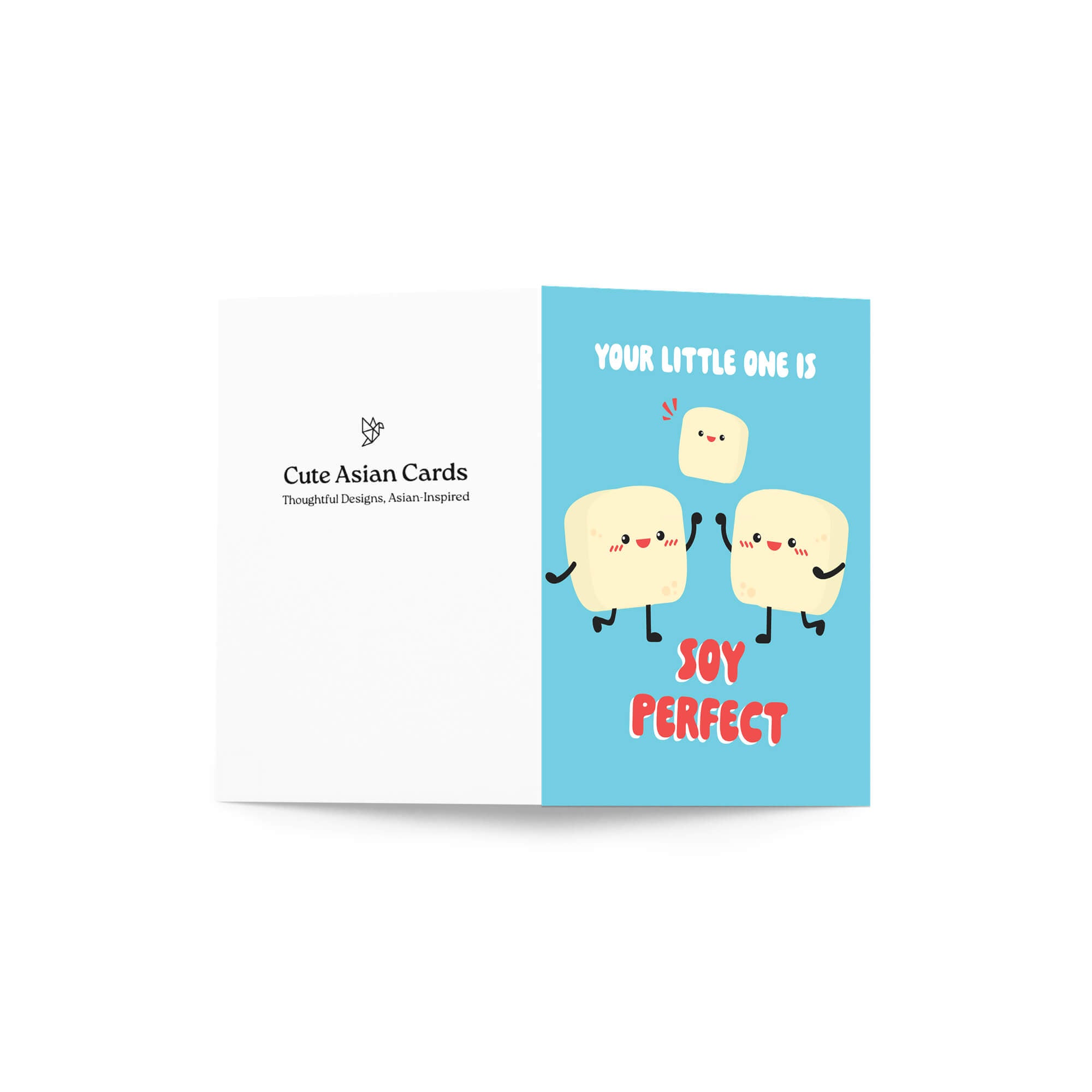 A folded funny new baby card shown open against a white background. The left panel is white with the text 'Cute Asian Cards' and a small logo.