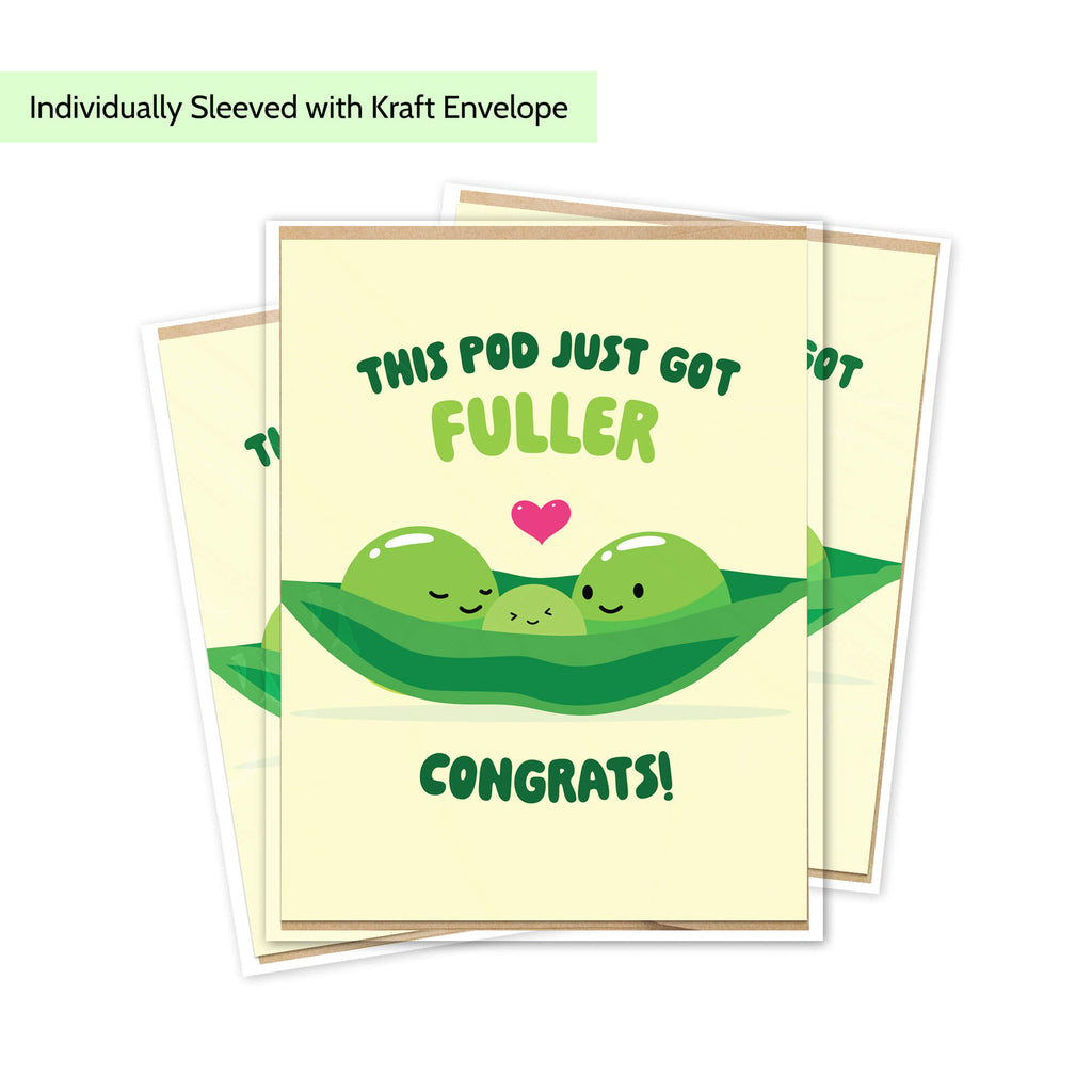 A stack of cute new baby cards for a pod being fuller, featuring a cartoon green pea pod with two smiling peas and a pink heart. The text reads 'THIS POD JUST GOT FULLER' and 'CONGRATS!'.