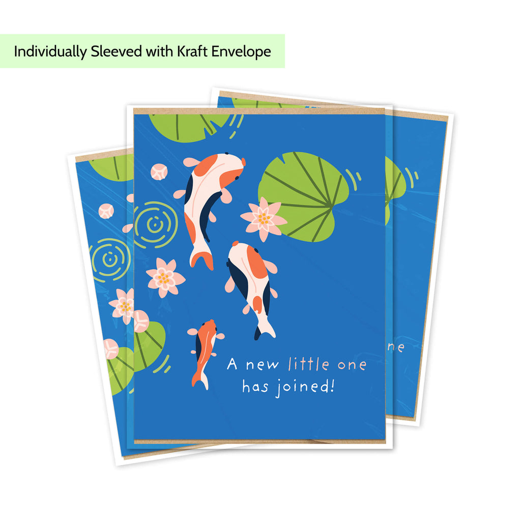 A set of blue new baby cards with a koi fish and lotus pond illustration, shown with kraft envelopes on a white background. Text at the top reads 'Individually Sleeved with Kraft Envelope'.