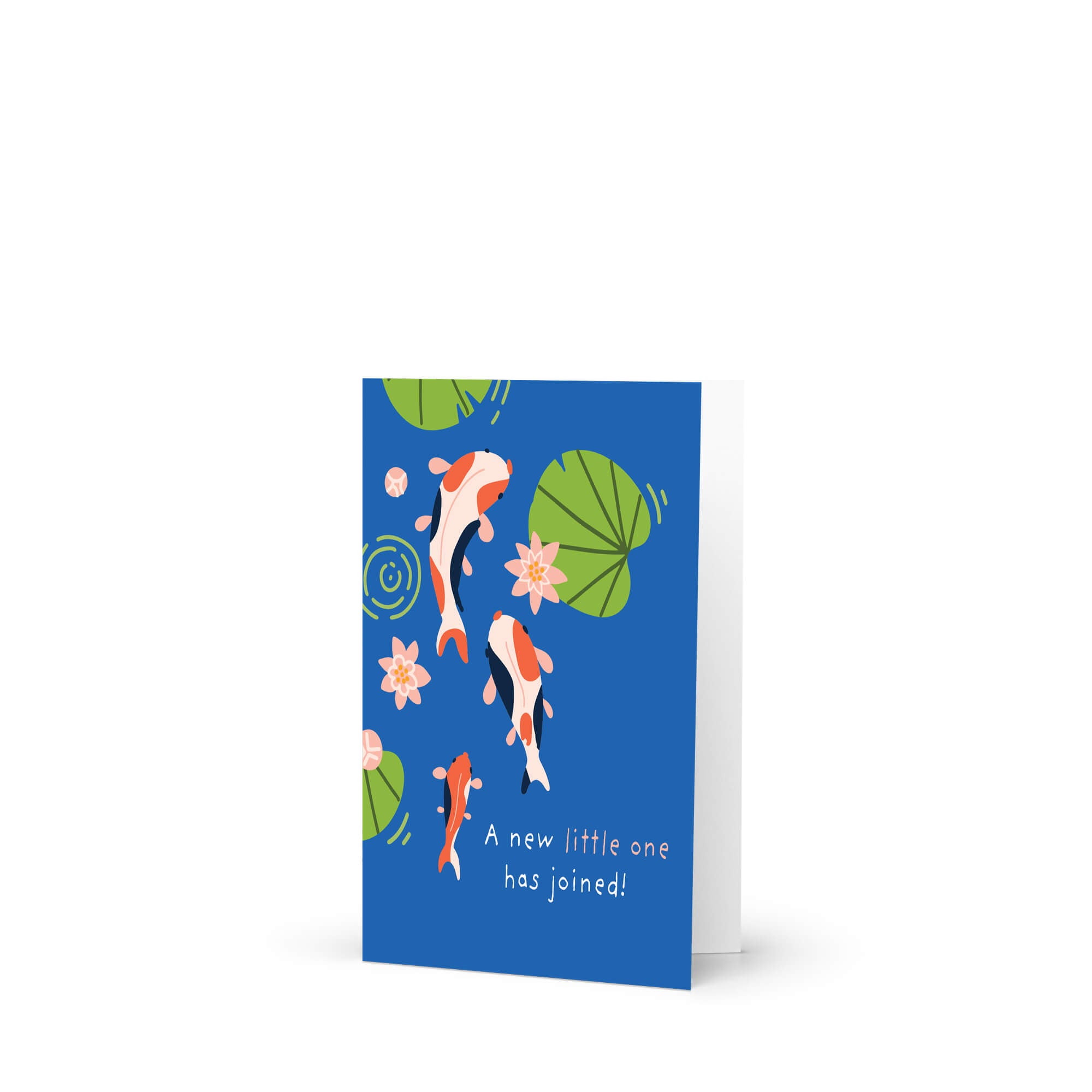 A blue new baby card with an illustration of koi fish, lily pads, and flowers, with the text 'A new little one has joined!' on a white background.