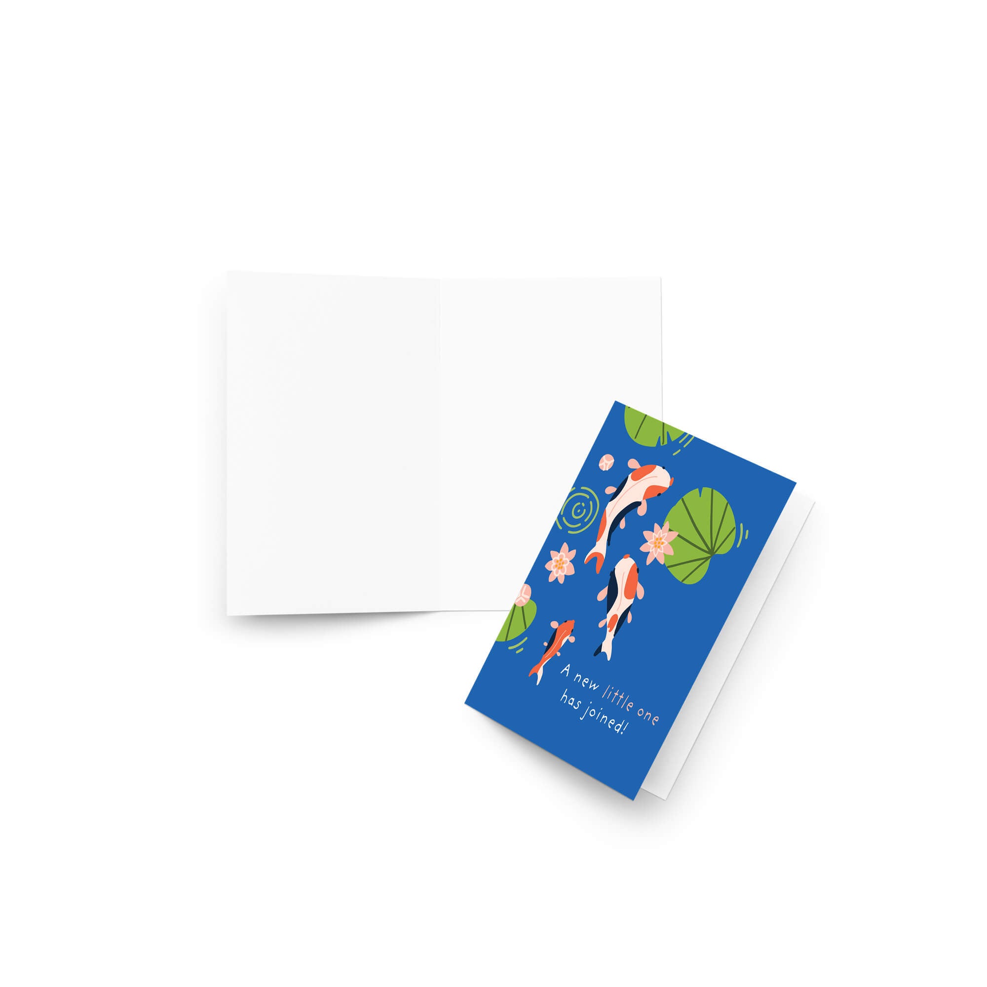 A cute baby shower card with a blue underwater-style illustration of koi fish, lily pads, and flowers, shown next to an open blank white card on a light gray background.