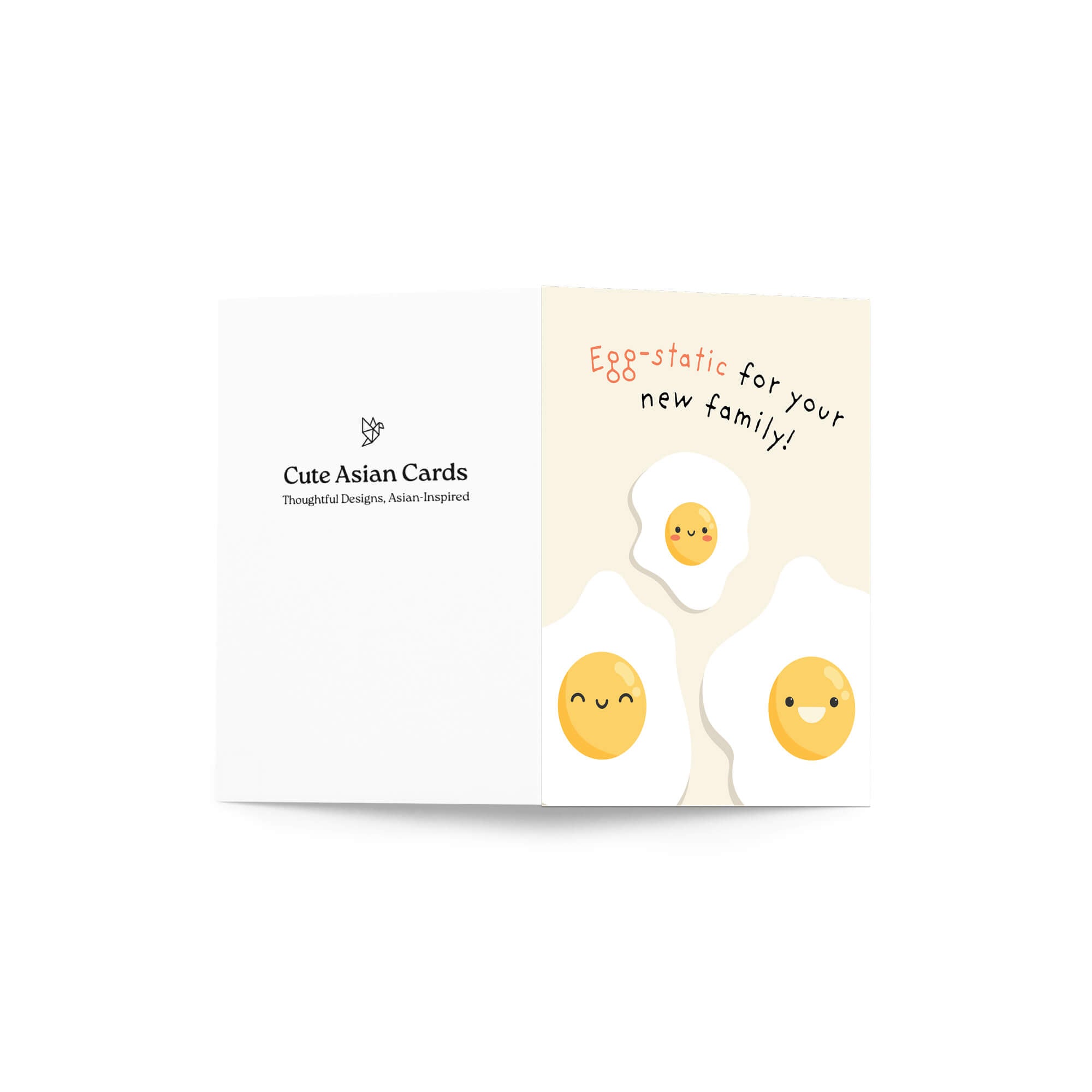 A funny new baby card shown open against a white background. The left panel is white with the text 'Cute Asian Cards' and a small logo.