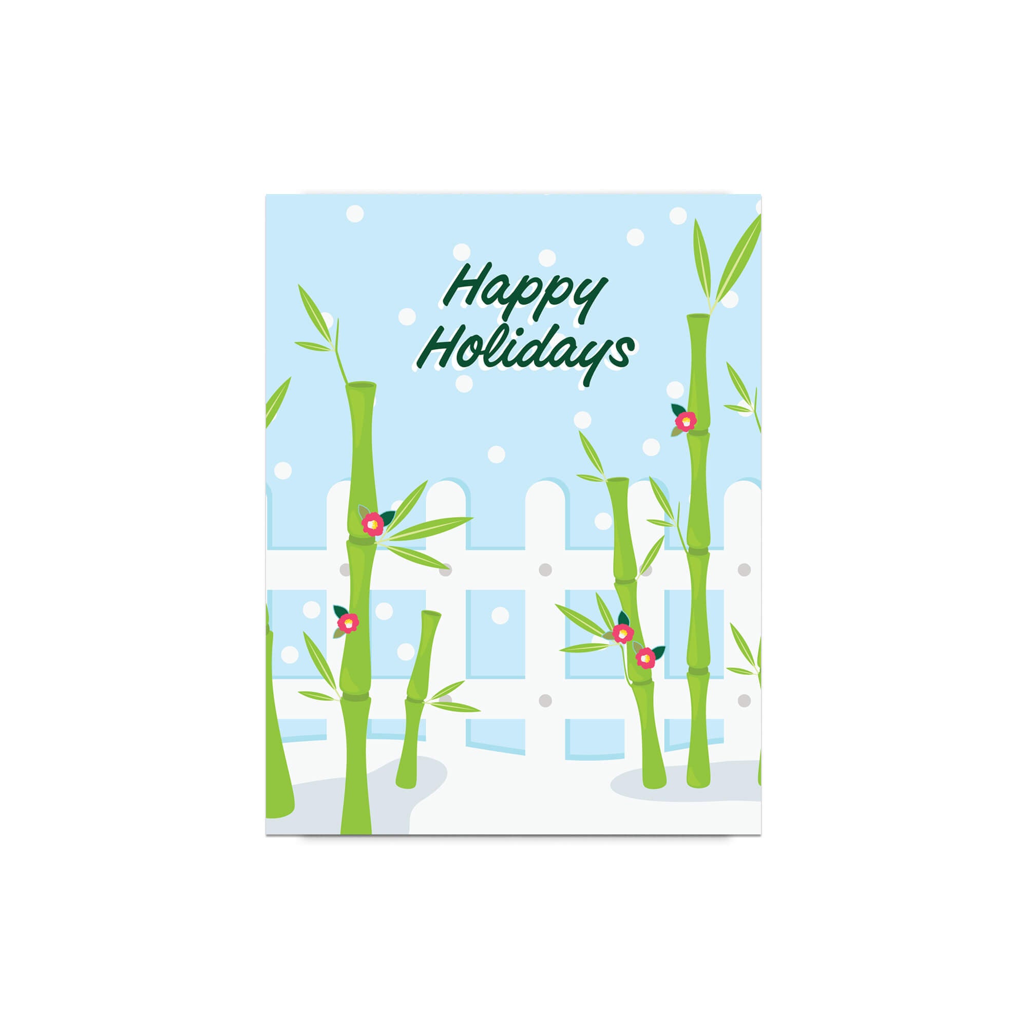 Greeting card with bamboo plants and 'Happy Holidays' text on a blue background