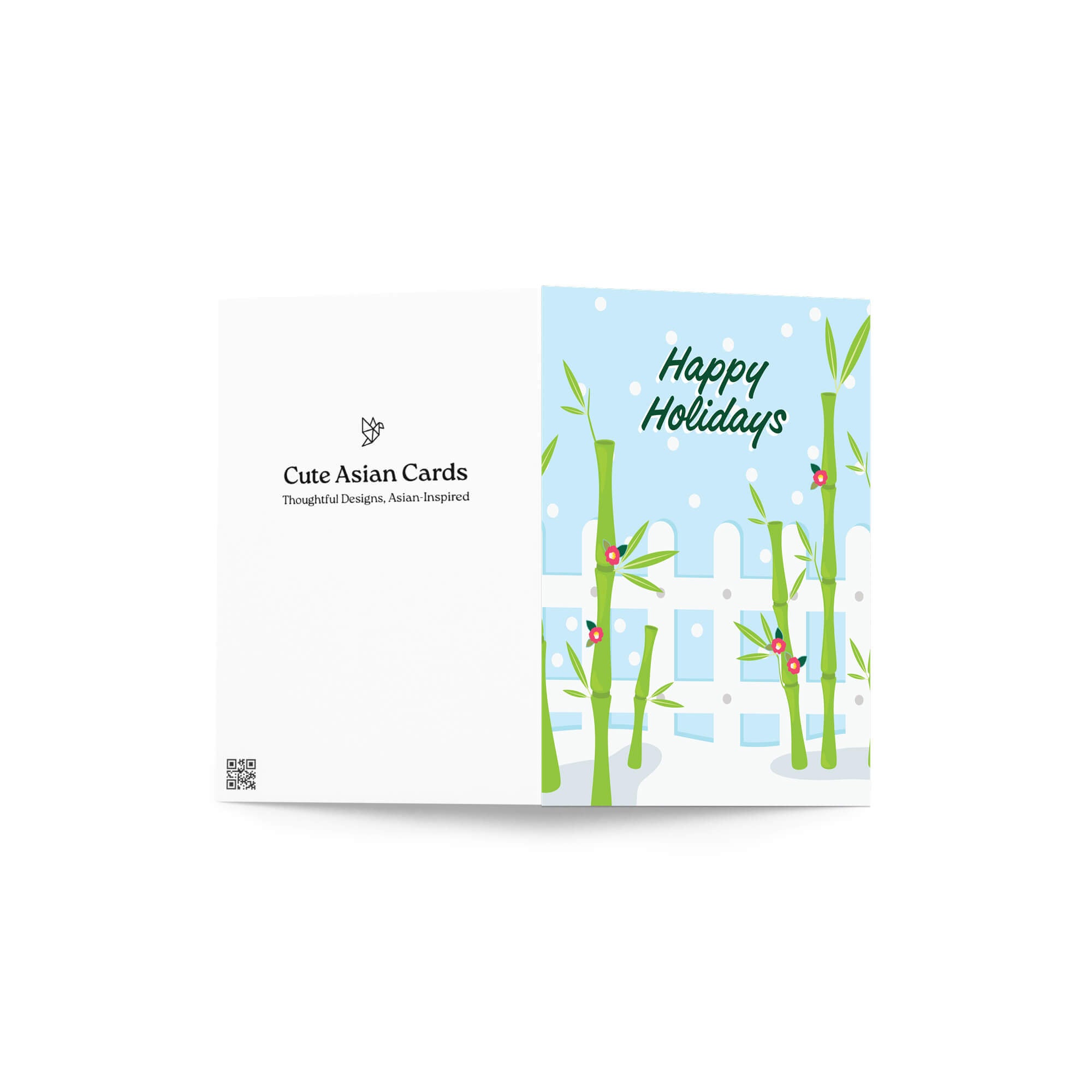 Greeting card with bamboo design and 'Happy Holidays' text on a white background